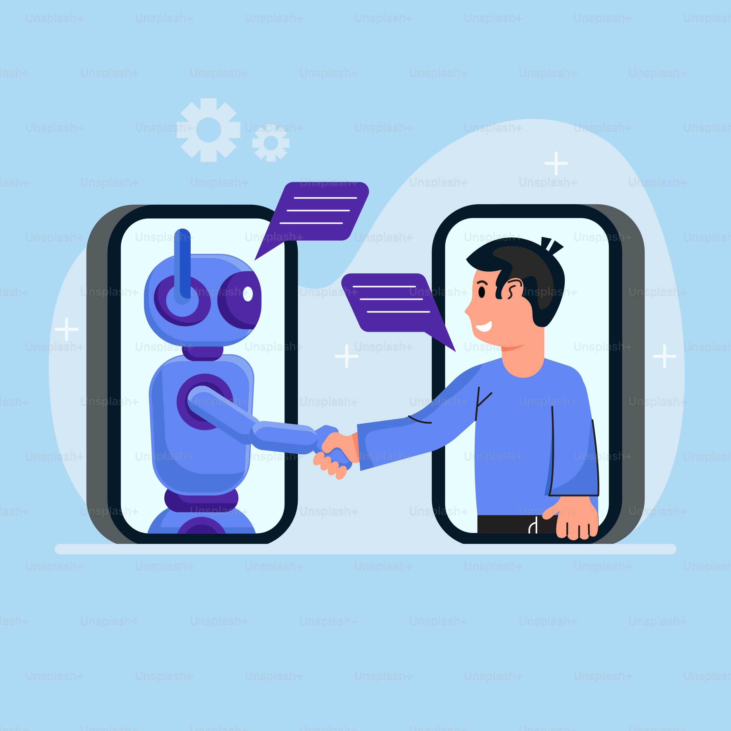 ロボットの前で握手している二人