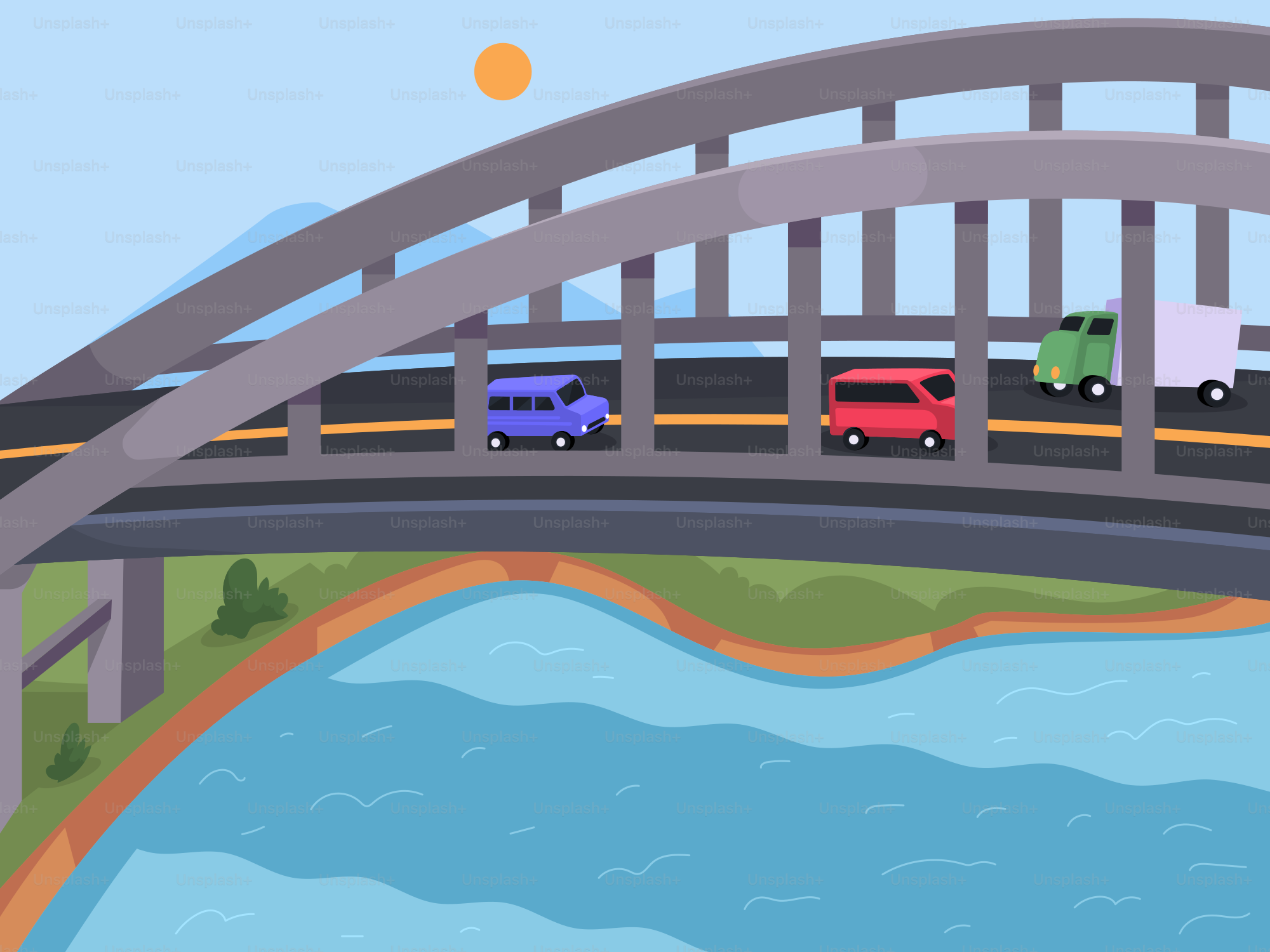 A cartoon of a bridge with cars on it