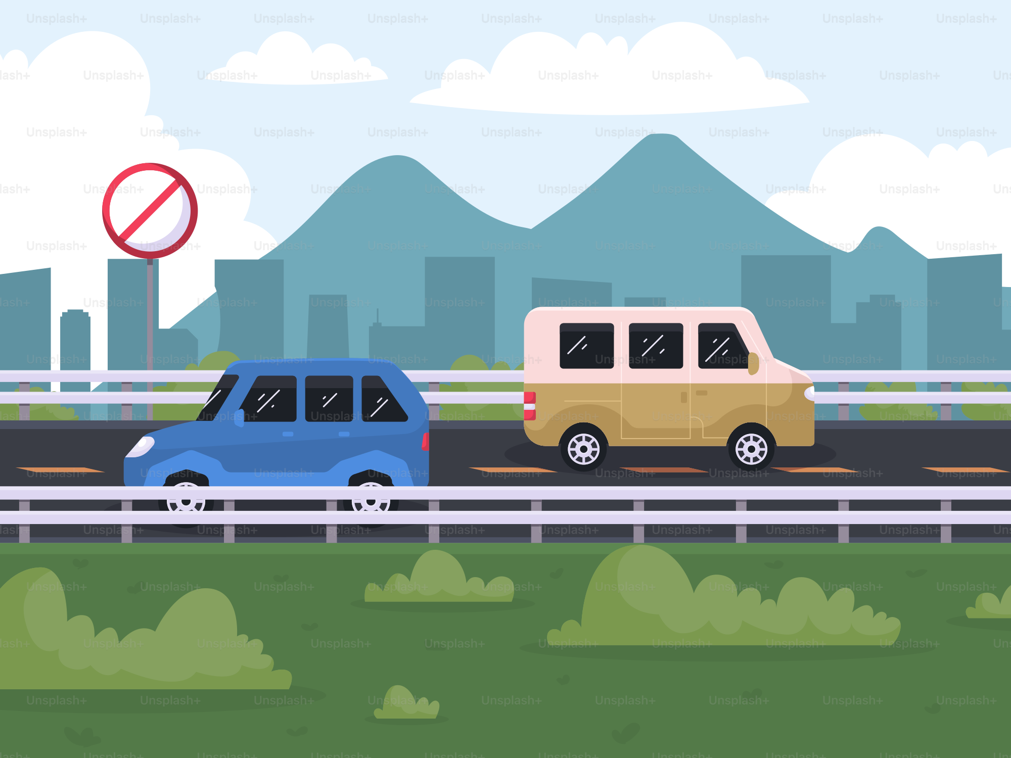 A couple of cars driving down a highway