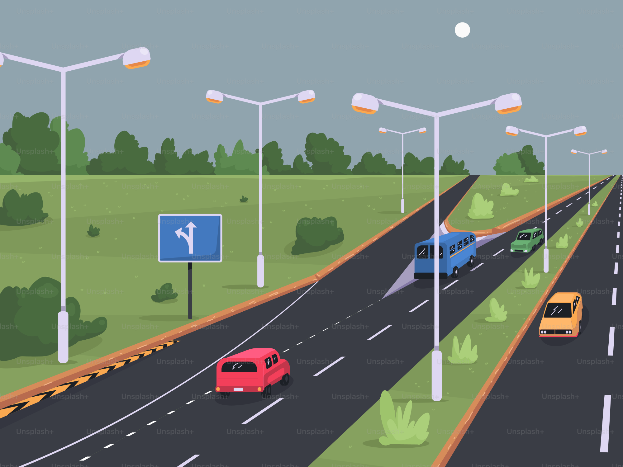 A cartoon of a highway with cars and street lights