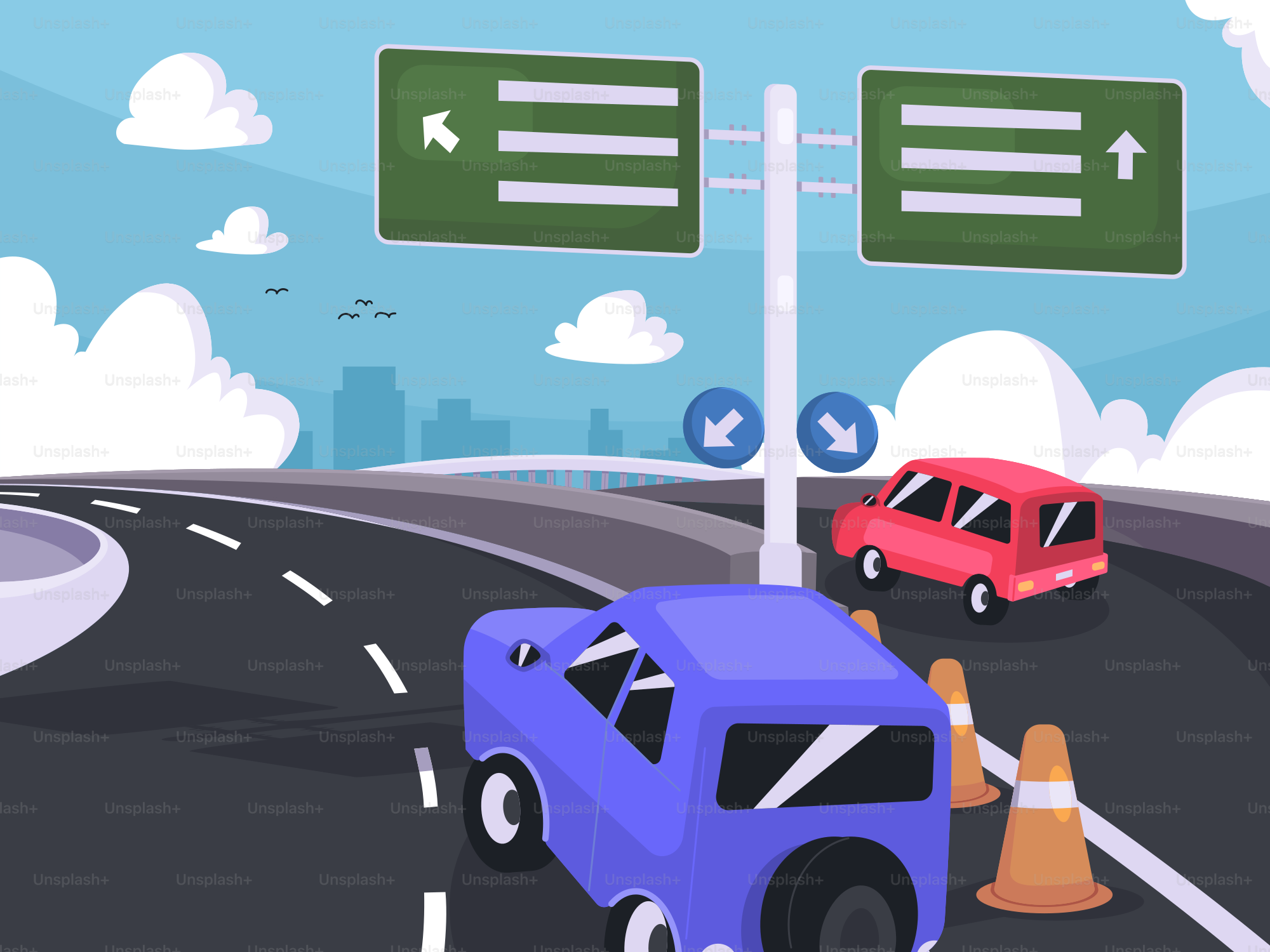 A car driving down a road next to a traffic sign