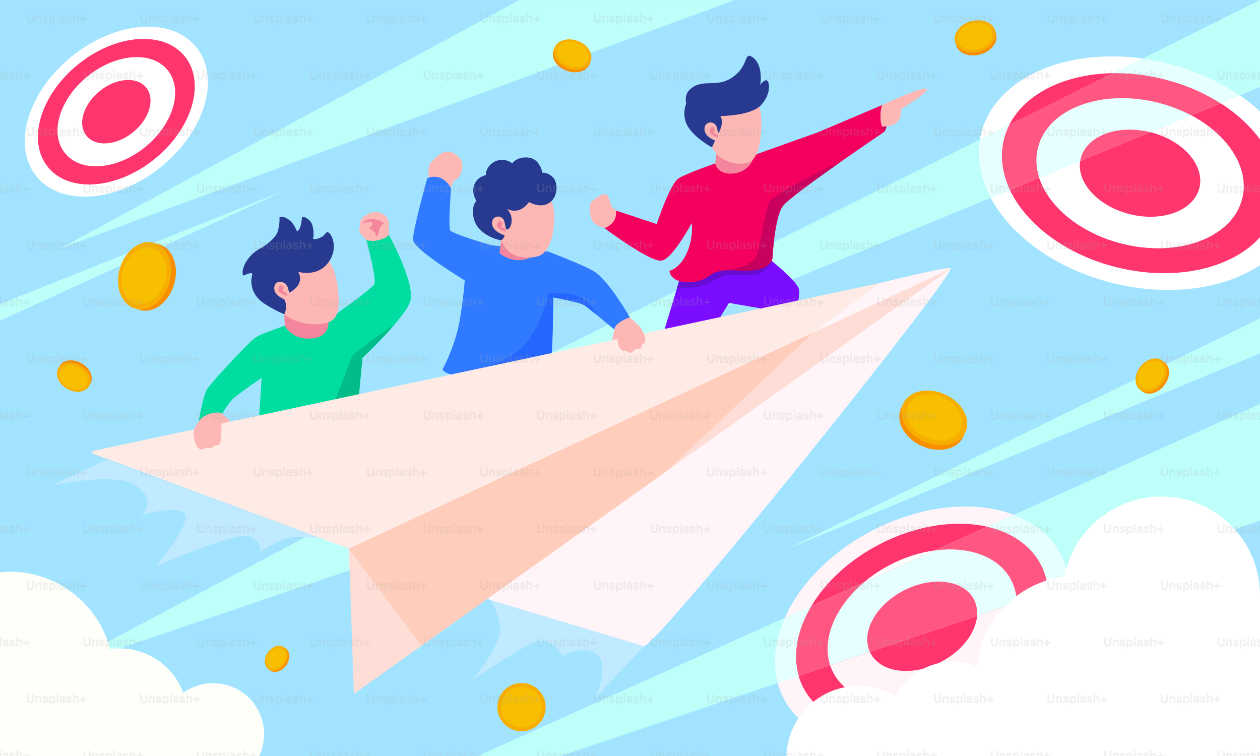 A group of people riding on top of a paper airplane