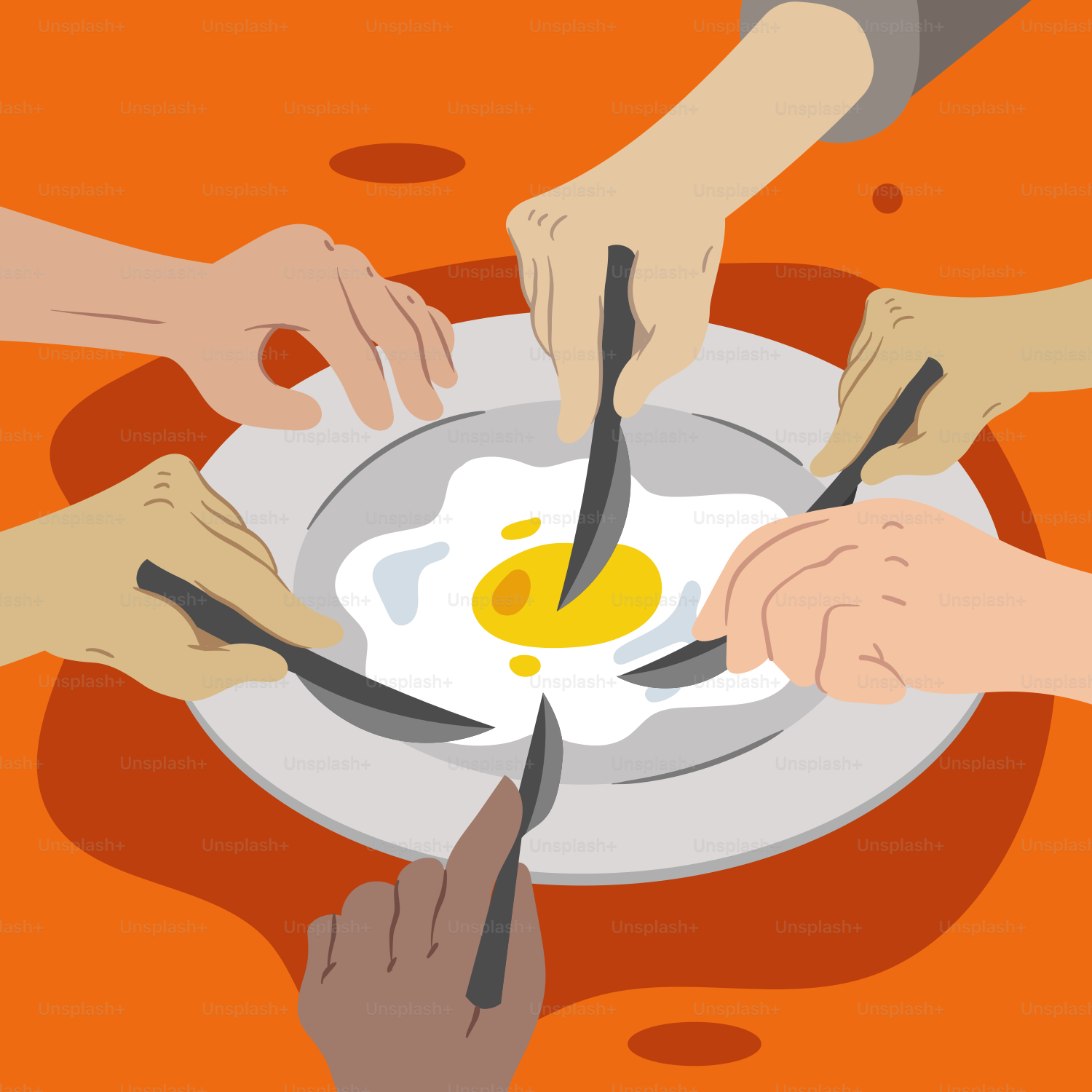 A group of people holding a plate with a fried egg on it