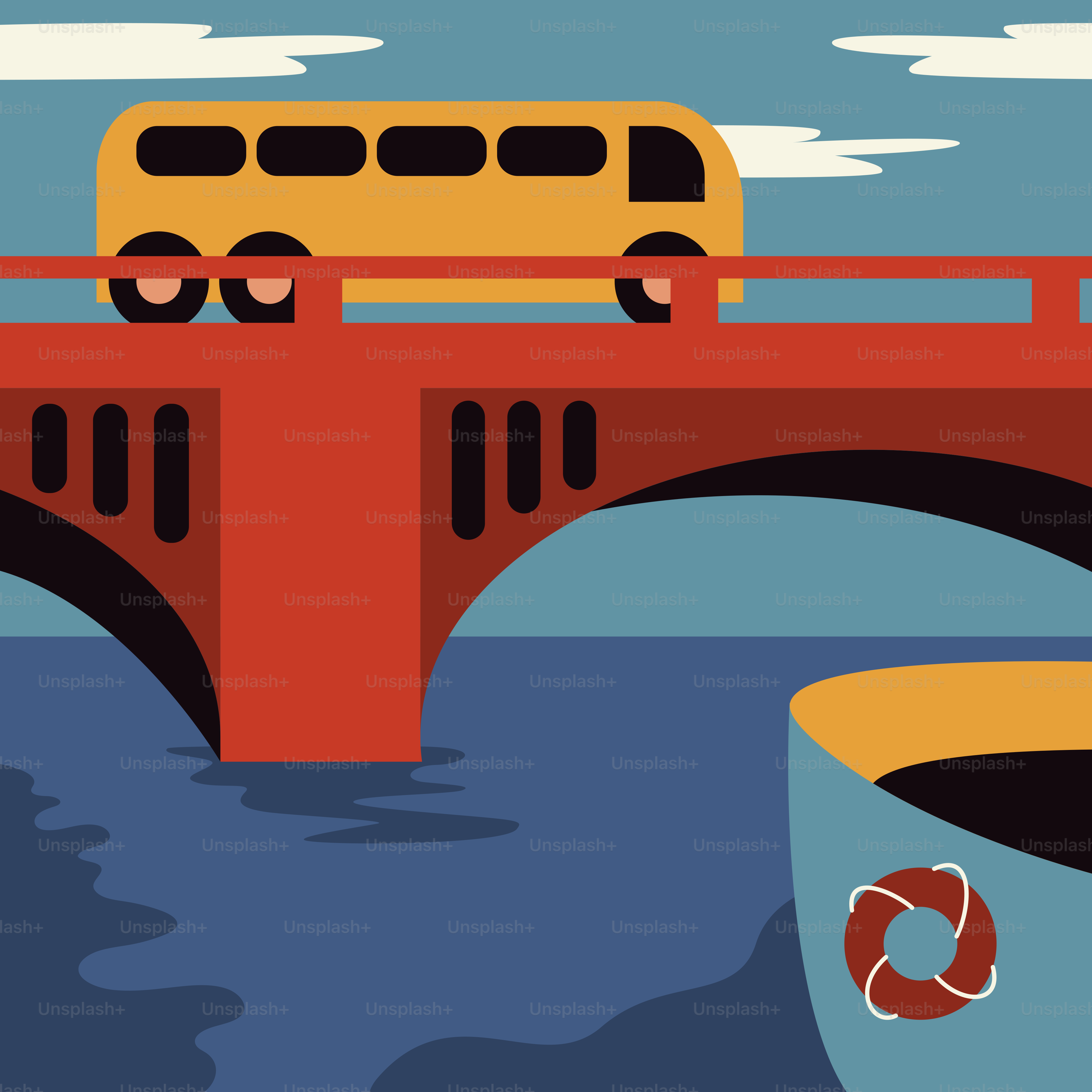 A bus is crossing a bridge over a body of water