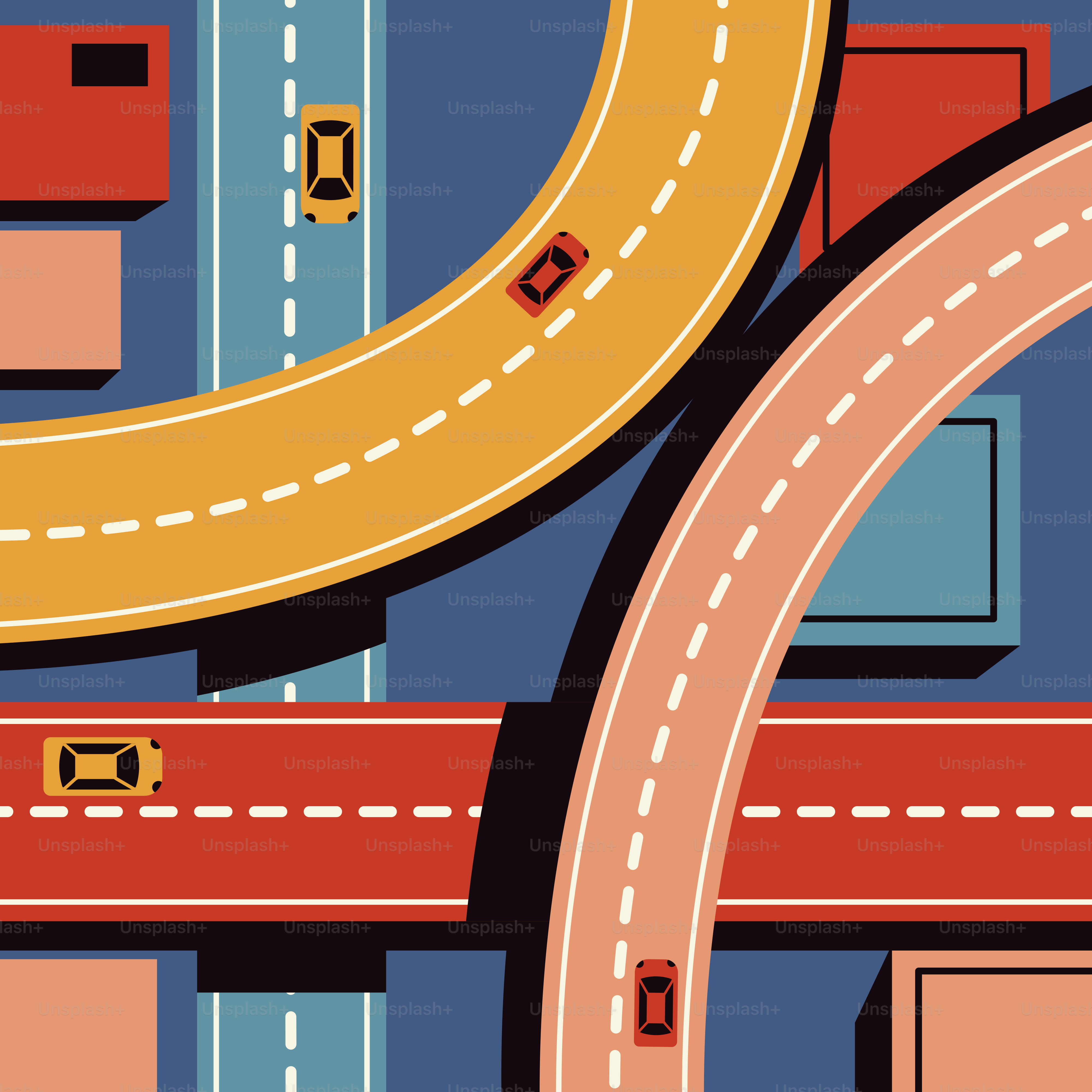 A colorful illustration of a road with cars going through it