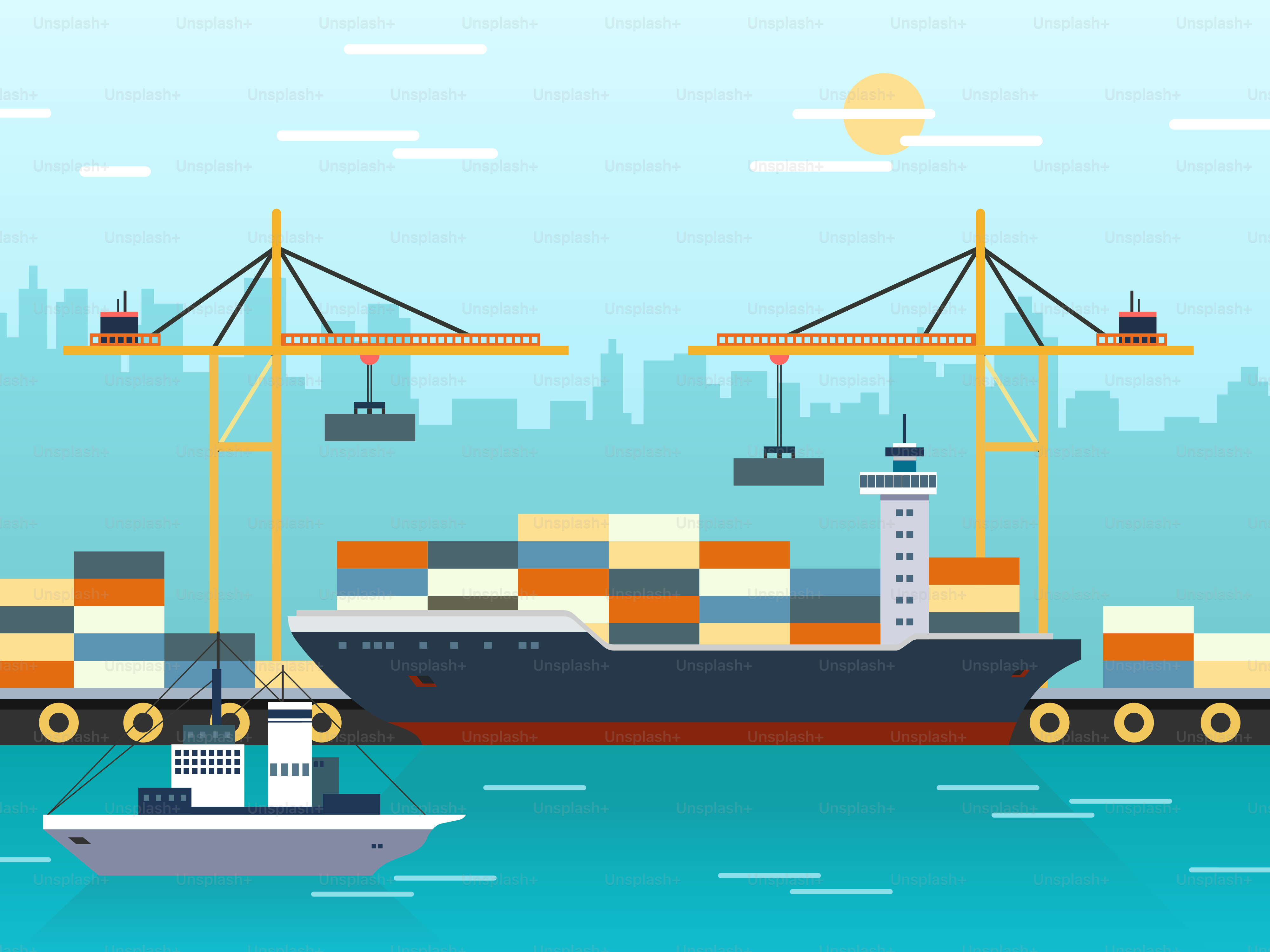 A large cargo ship in the ocean with a tug boat