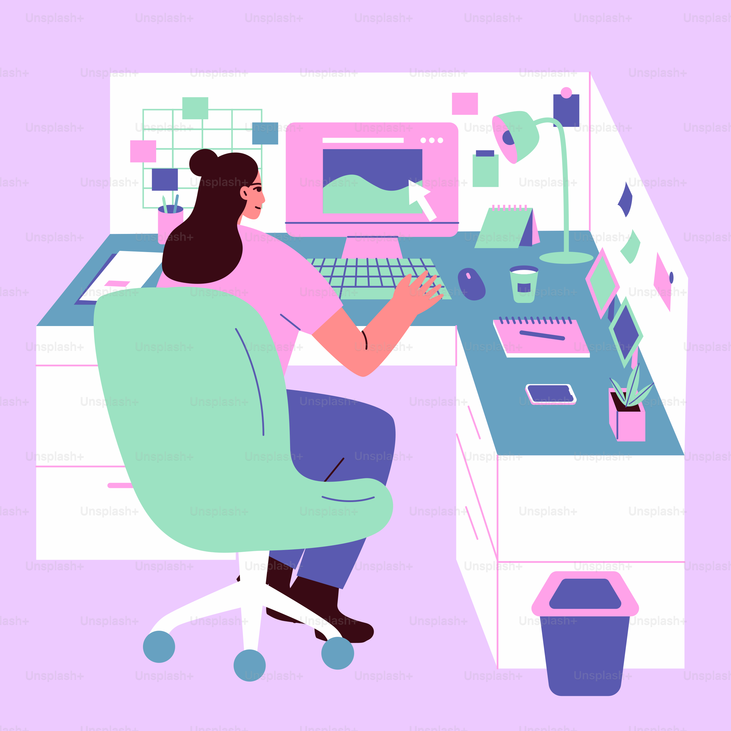 A woman sitting at a desk working on a computer