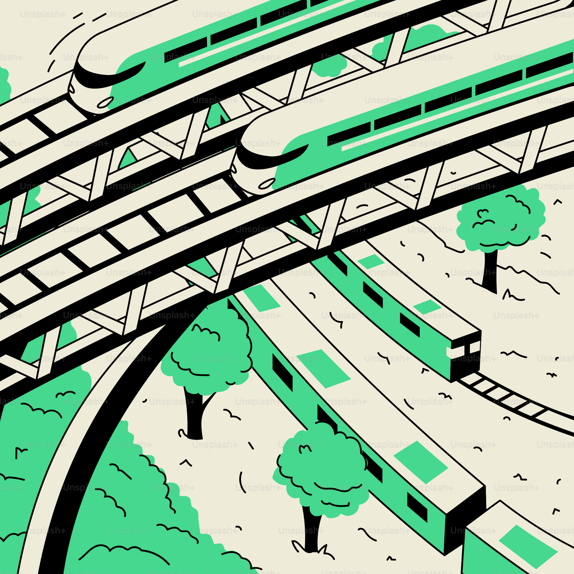 A green and white illustration of a train going over a bridge