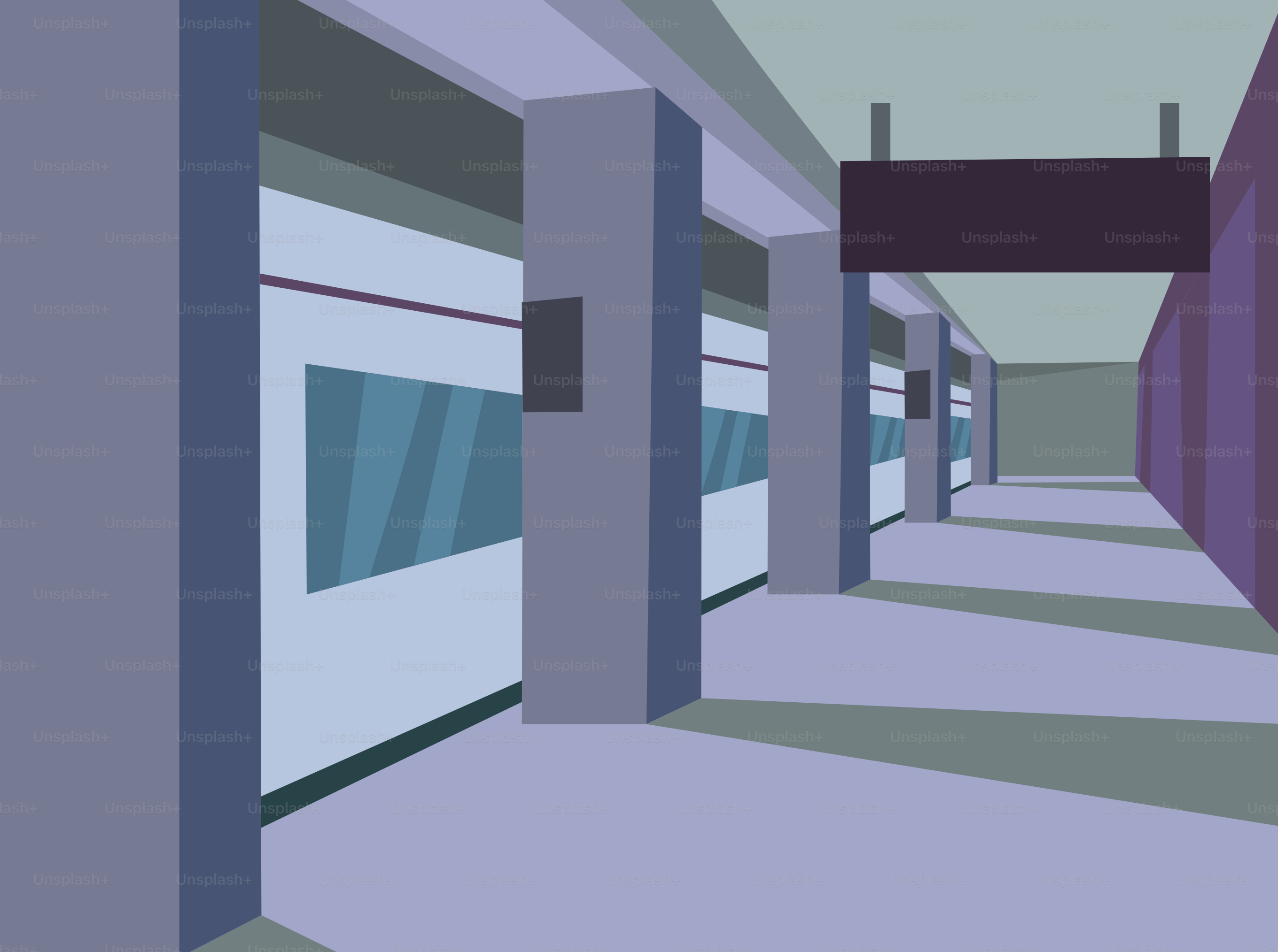 A long hallway with purple walls and doors