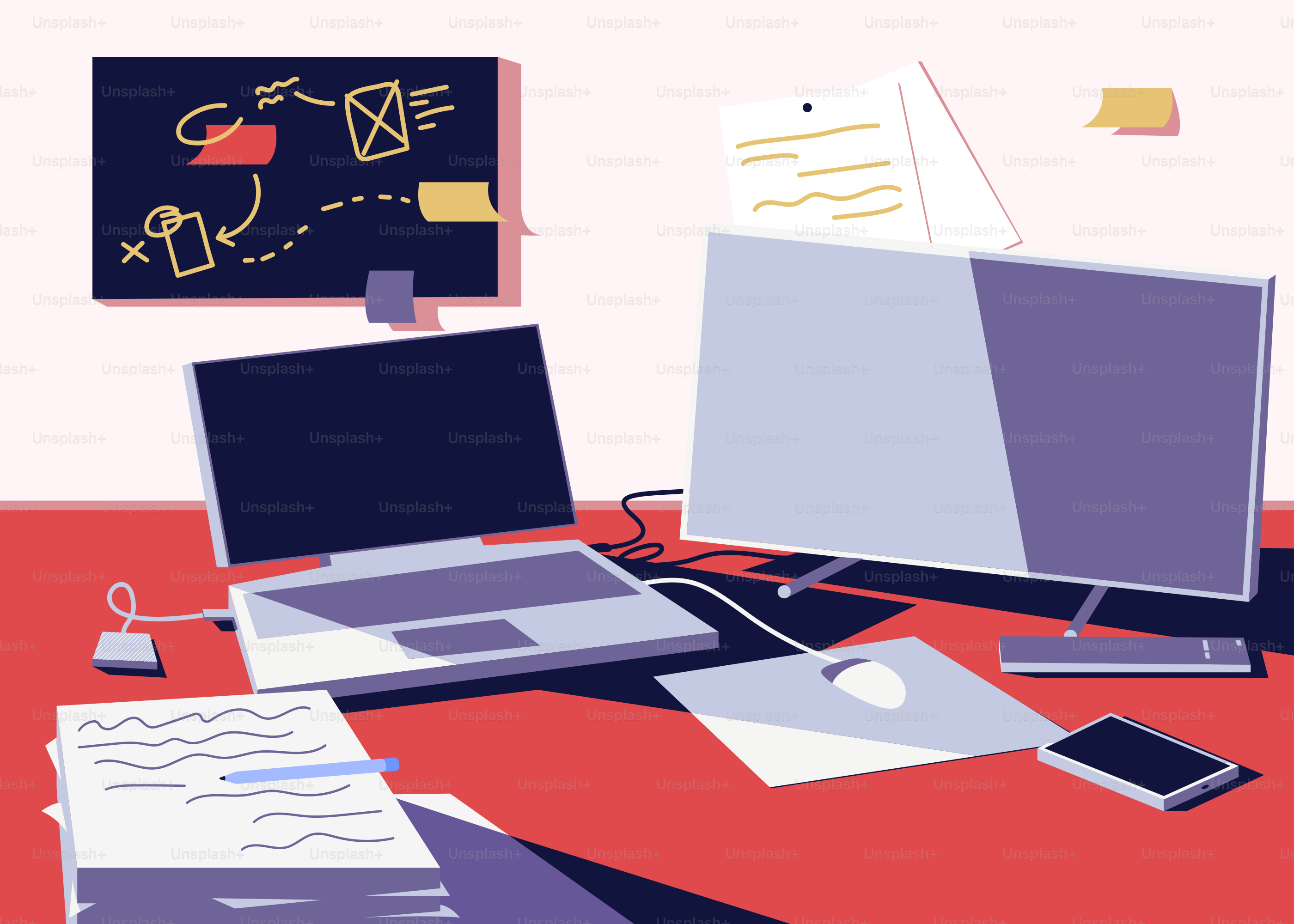 A desk with a laptop and a monitor on it