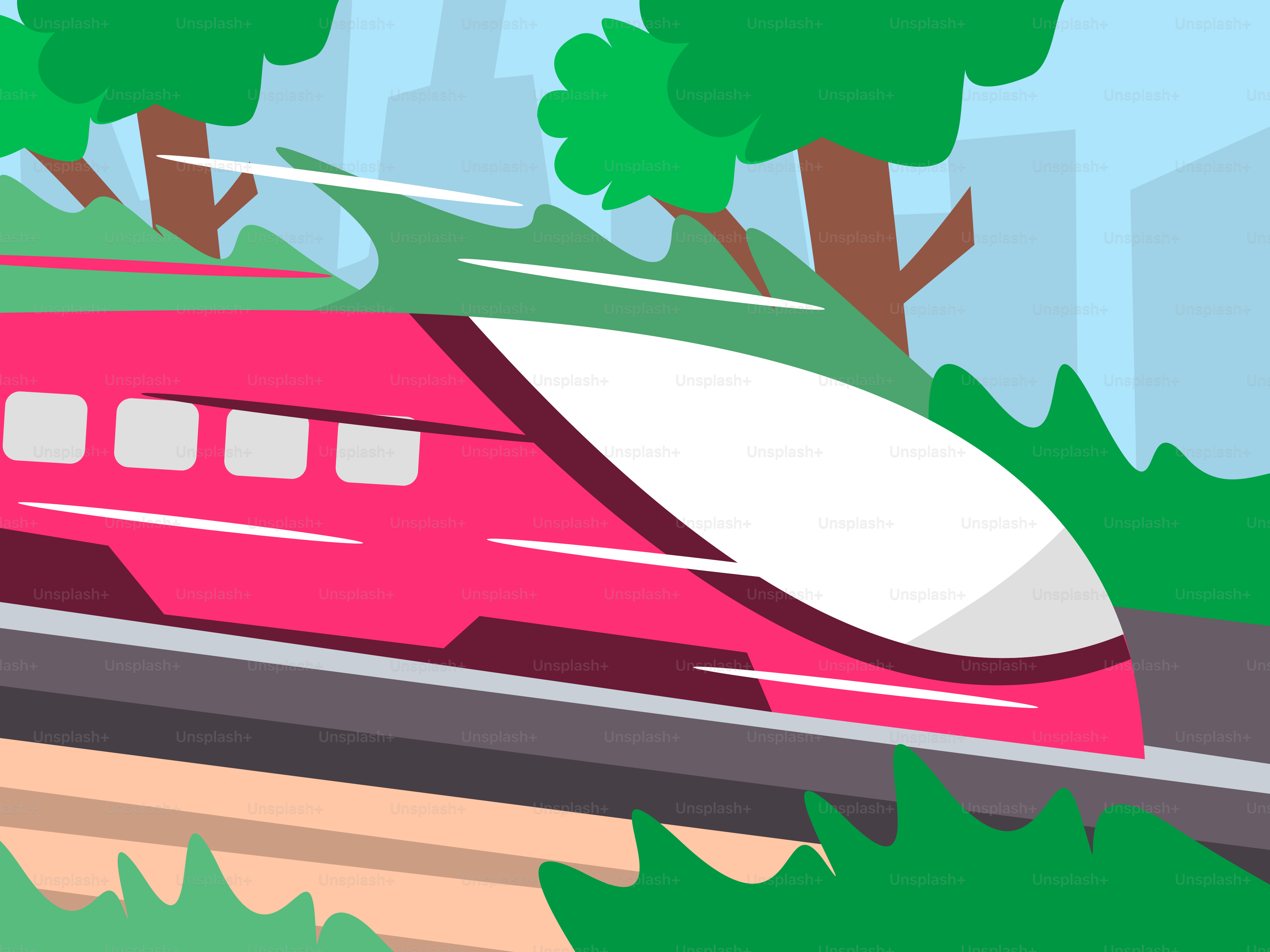 A red train traveling through a lush green forest