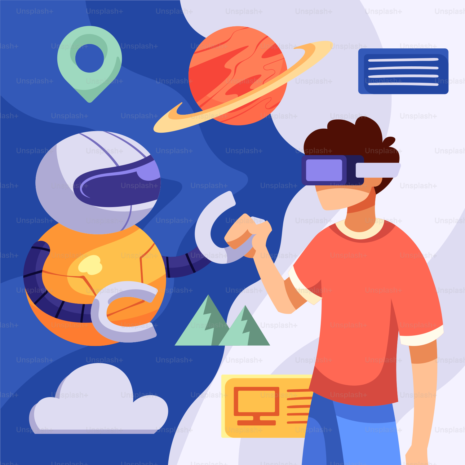 Un hombre con un visor de realidad virtual de pie frente a una imagen de un