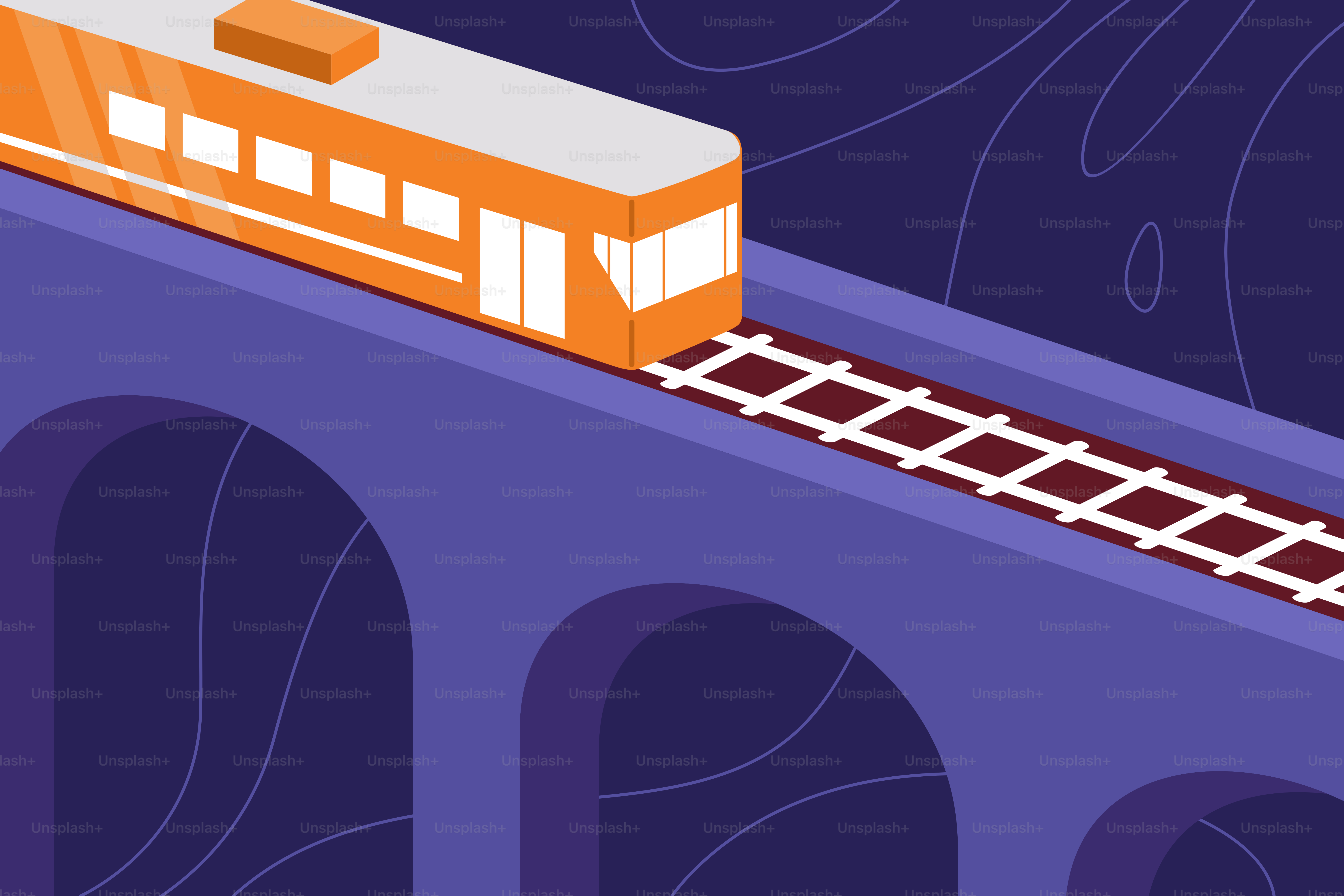 A train traveling over a bridge with a purple background