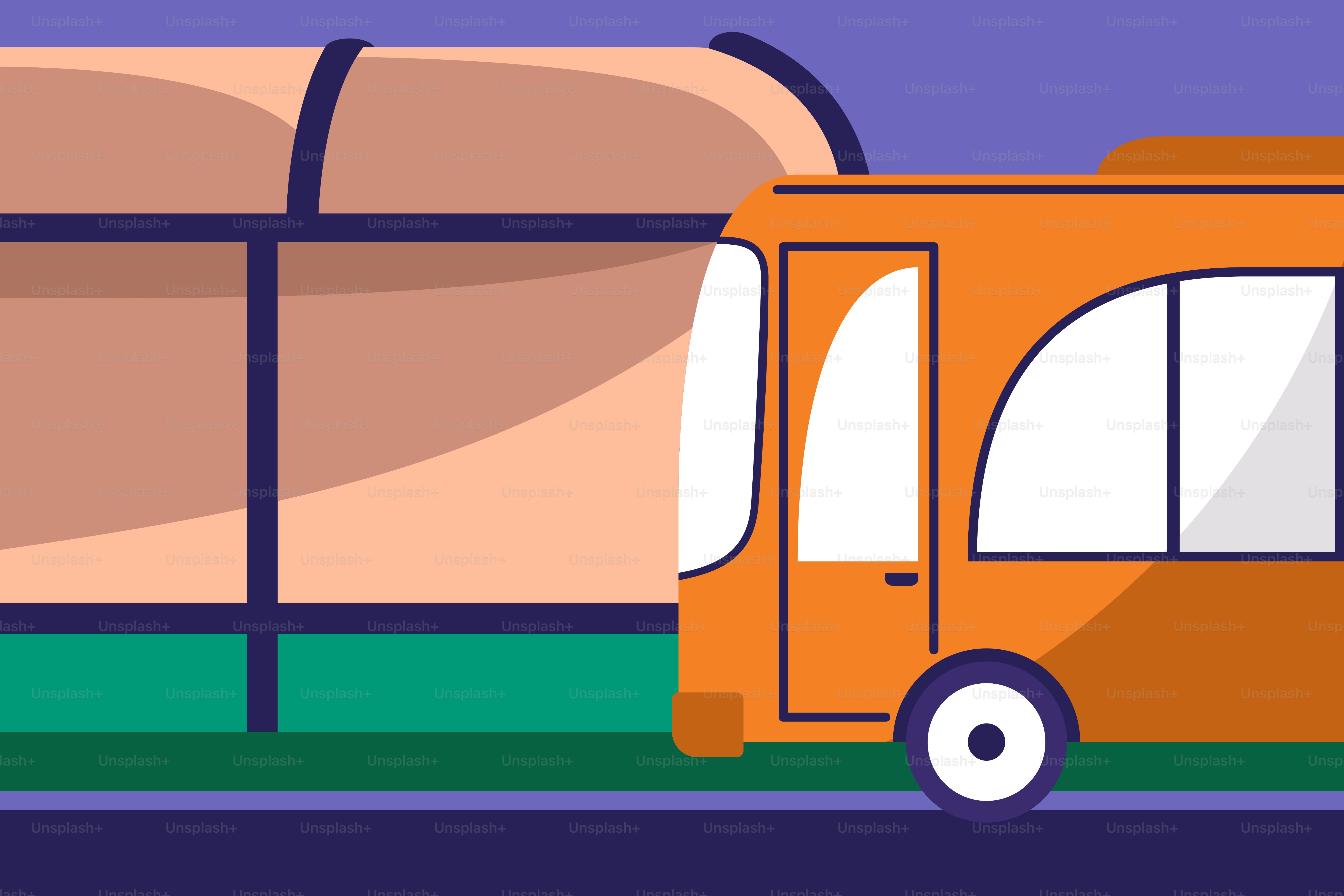 An orange bus is parked in front of a building