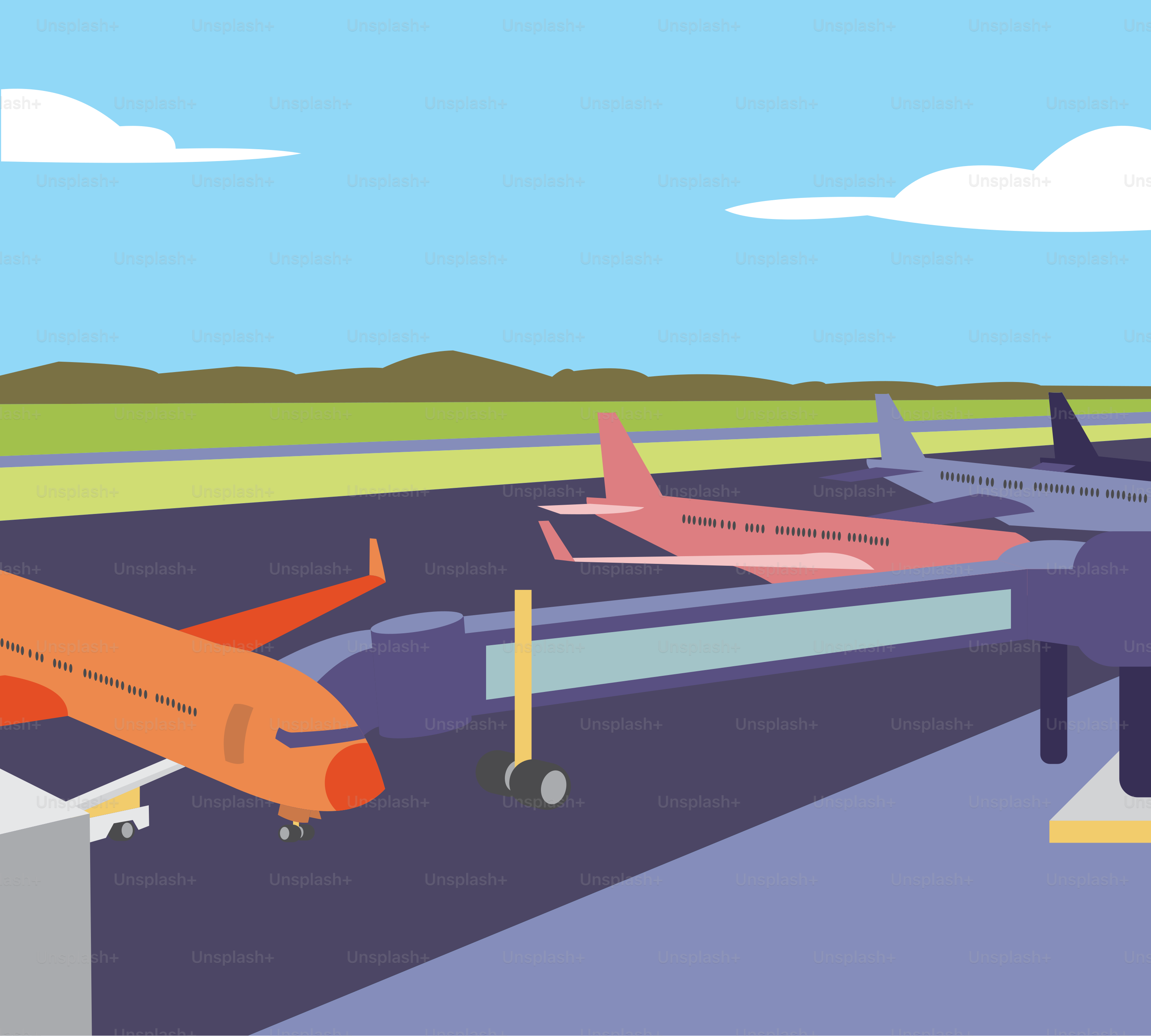 A painting of an airport with planes on the tarmac