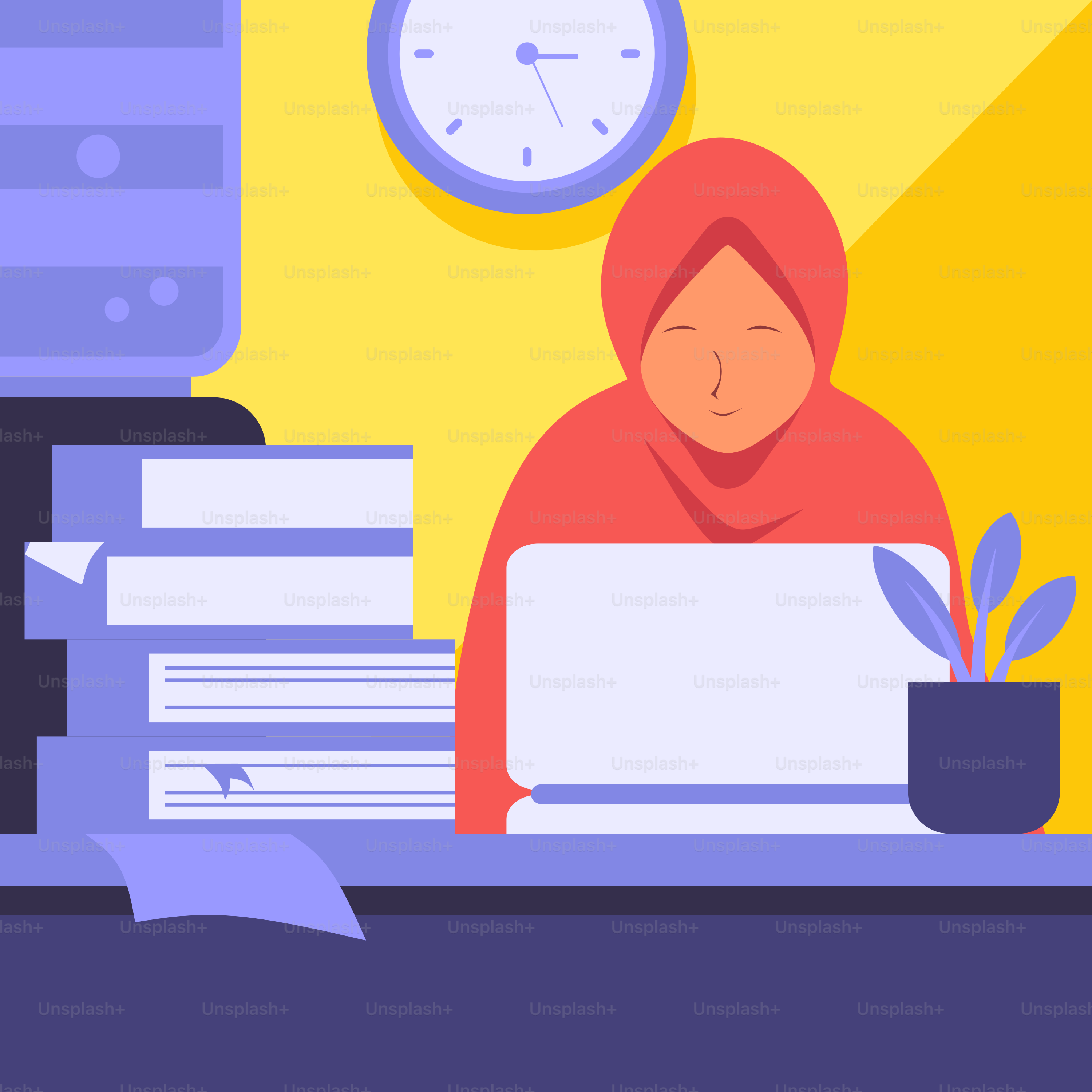 Seseorang duduk di meja dengan laptop di depan setumpuk buku