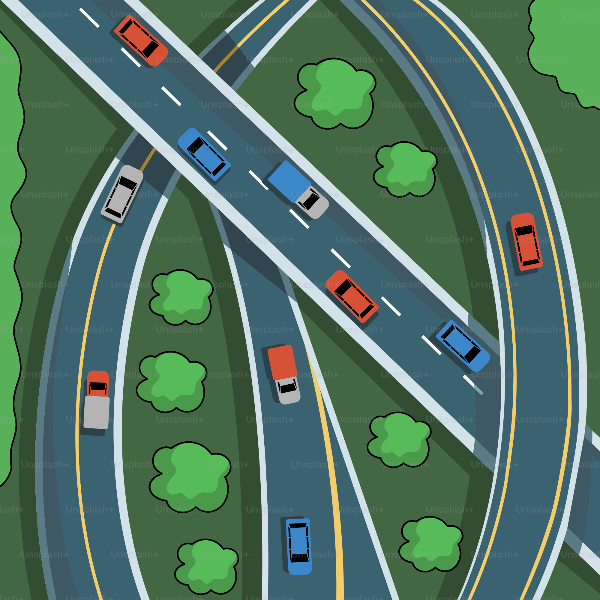 An overhead view of a highway with cars on it