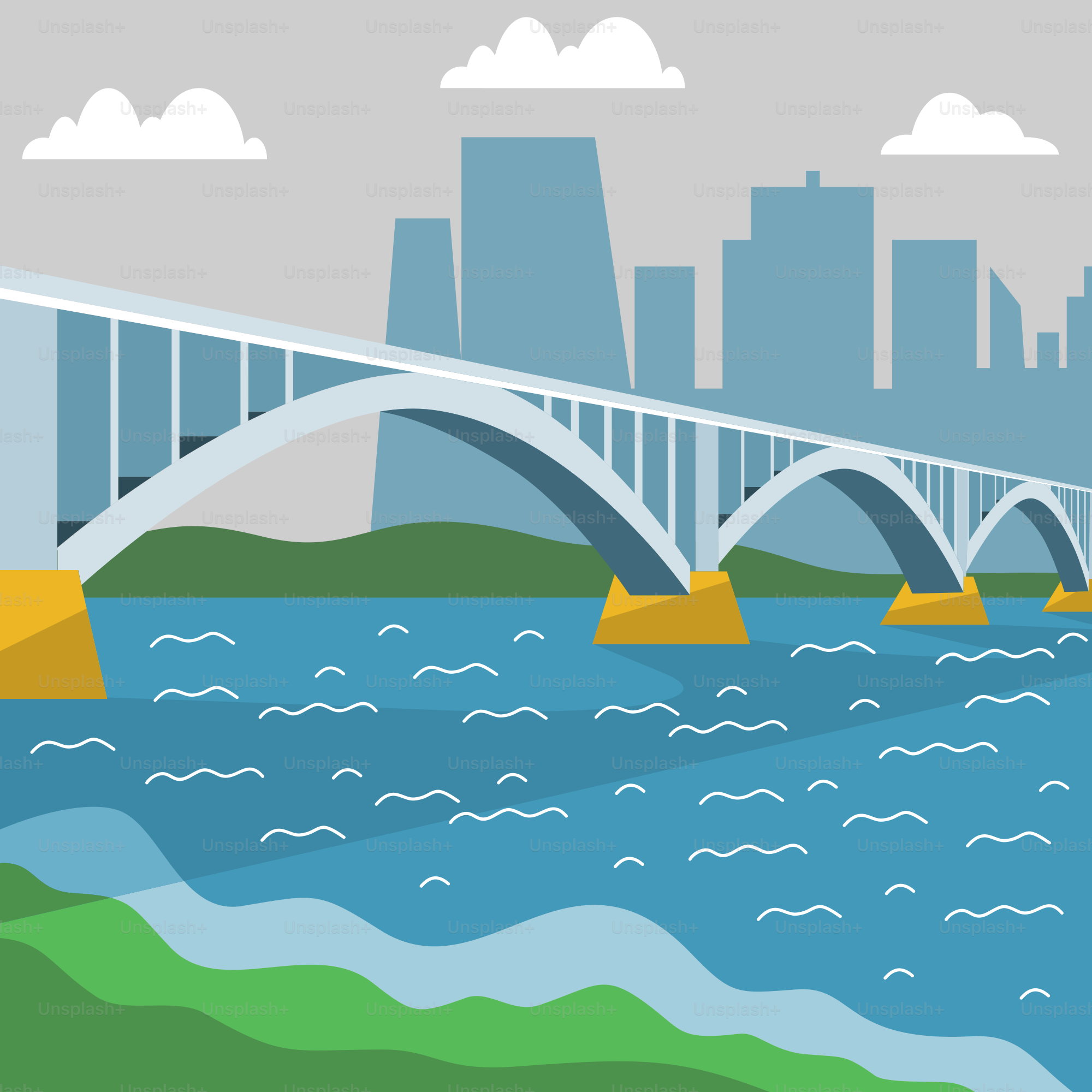 A bridge over a body of water with a city in the background