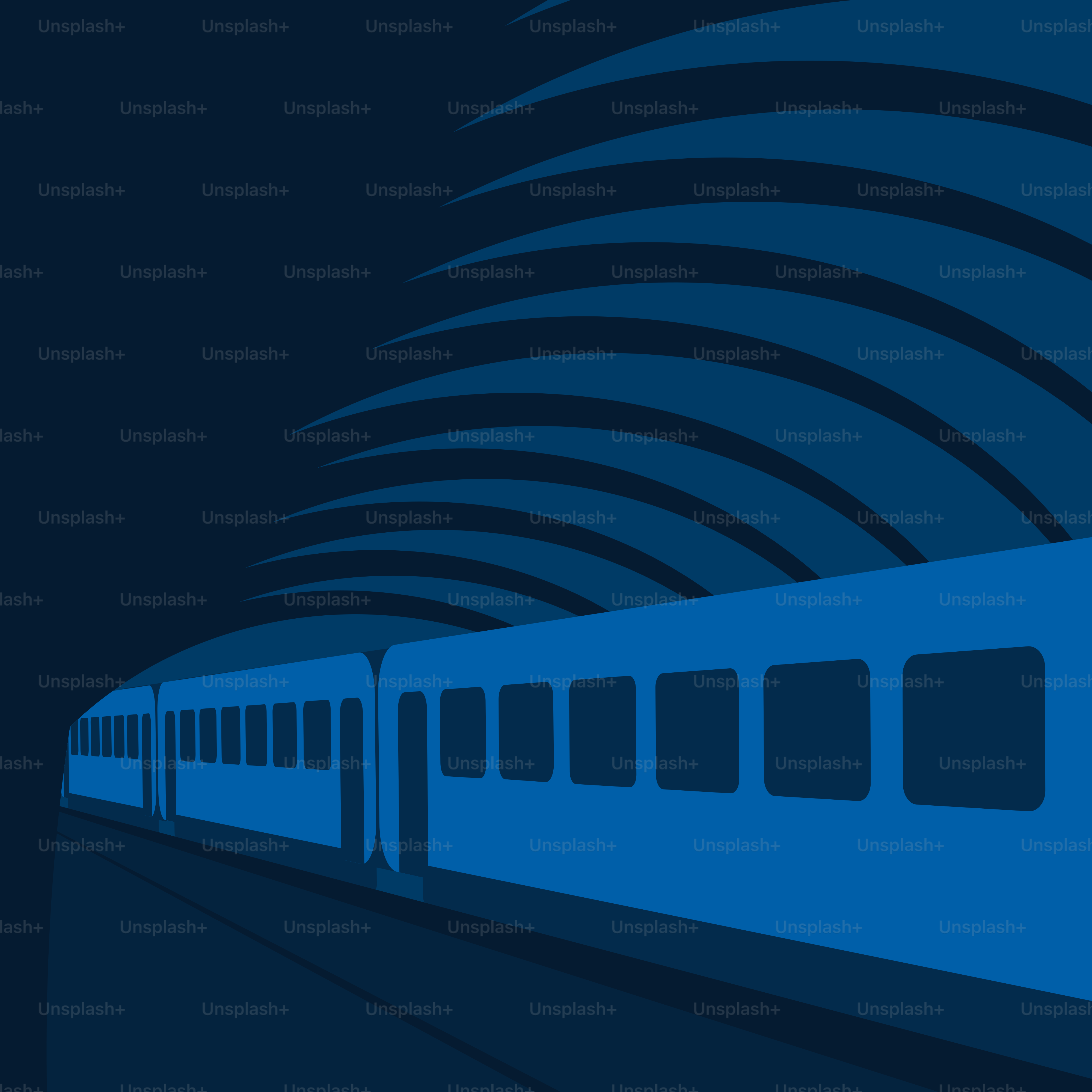 A blue train traveling through a train station