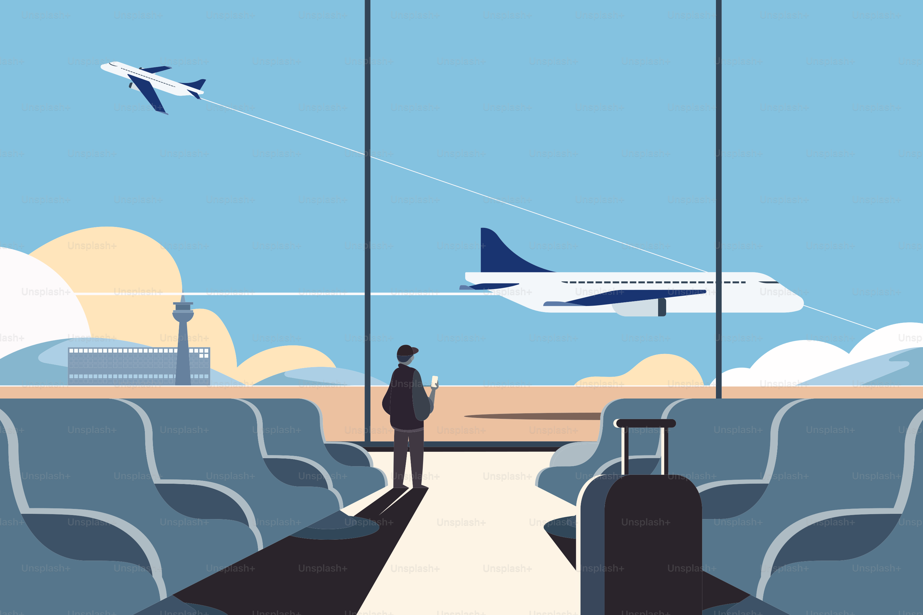 A man standing in an airport looking at an airplane