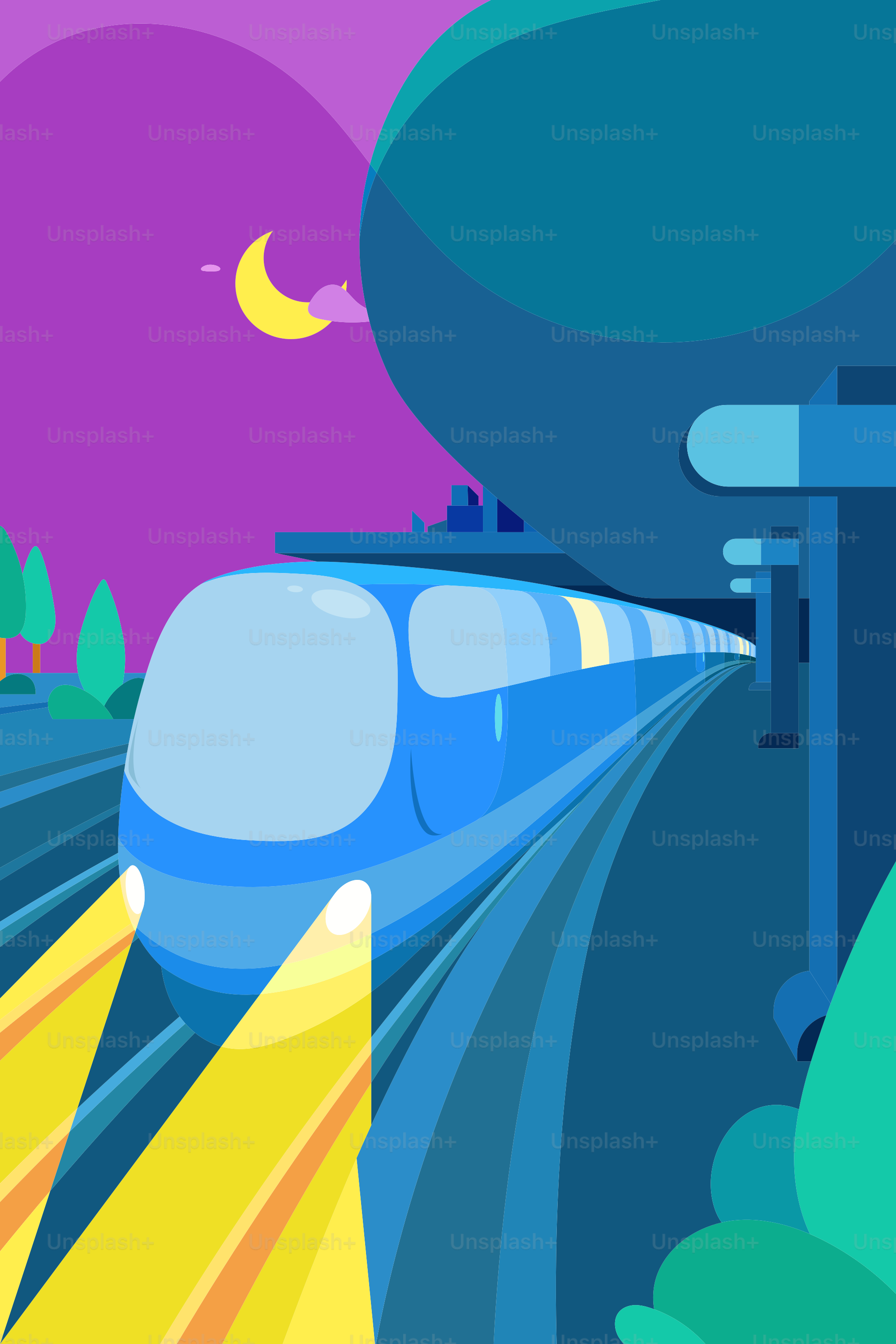 A blue train traveling through a lush green countryside