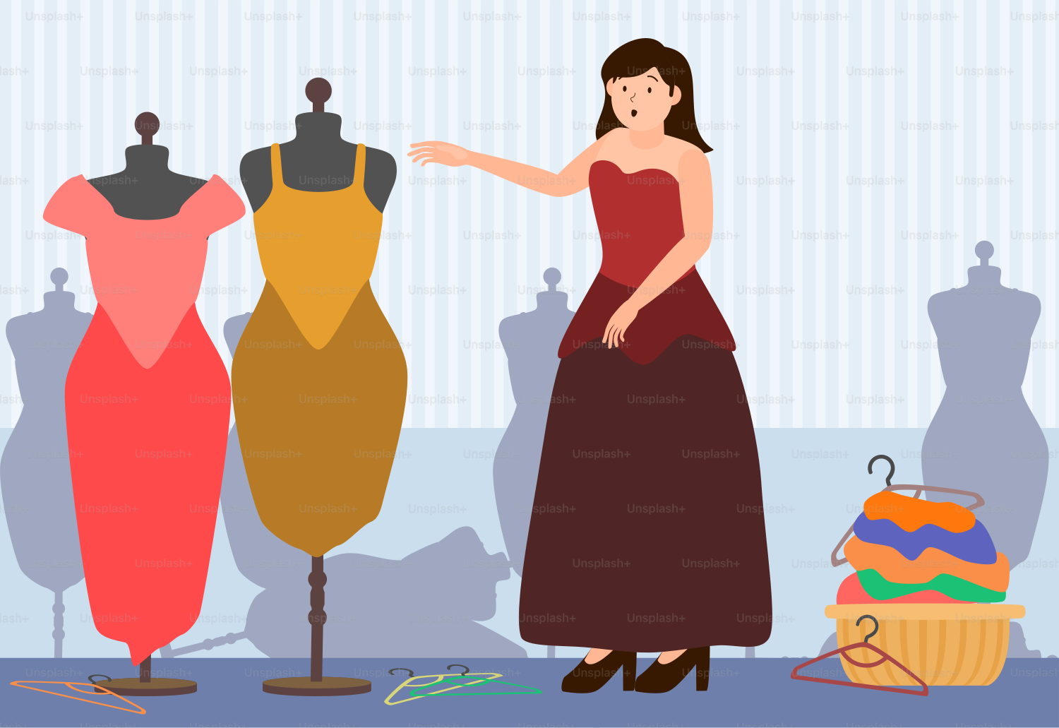 A woman pointing at a dress on a mannequin