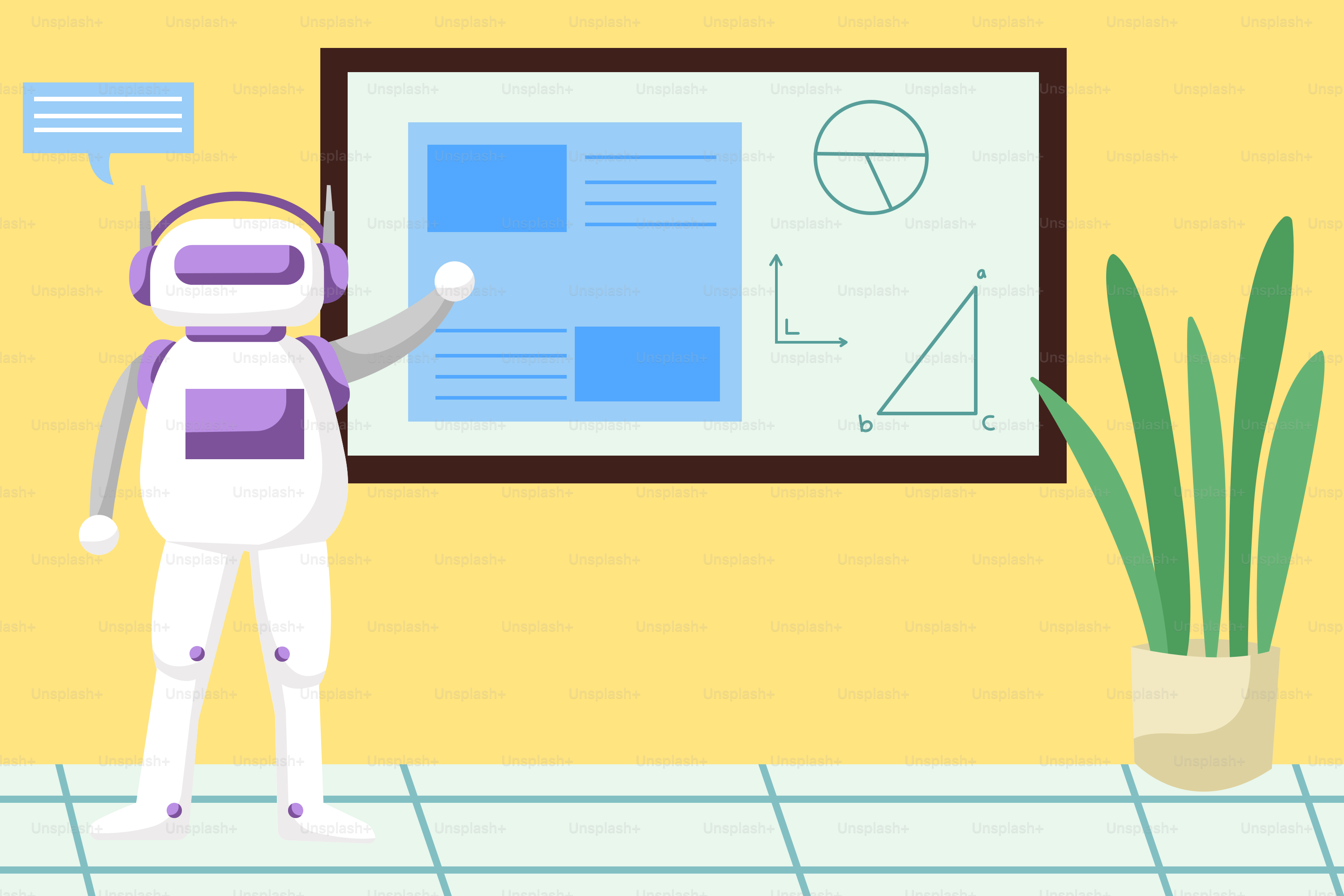 プロジェクタースクリーンの前に立つロボット