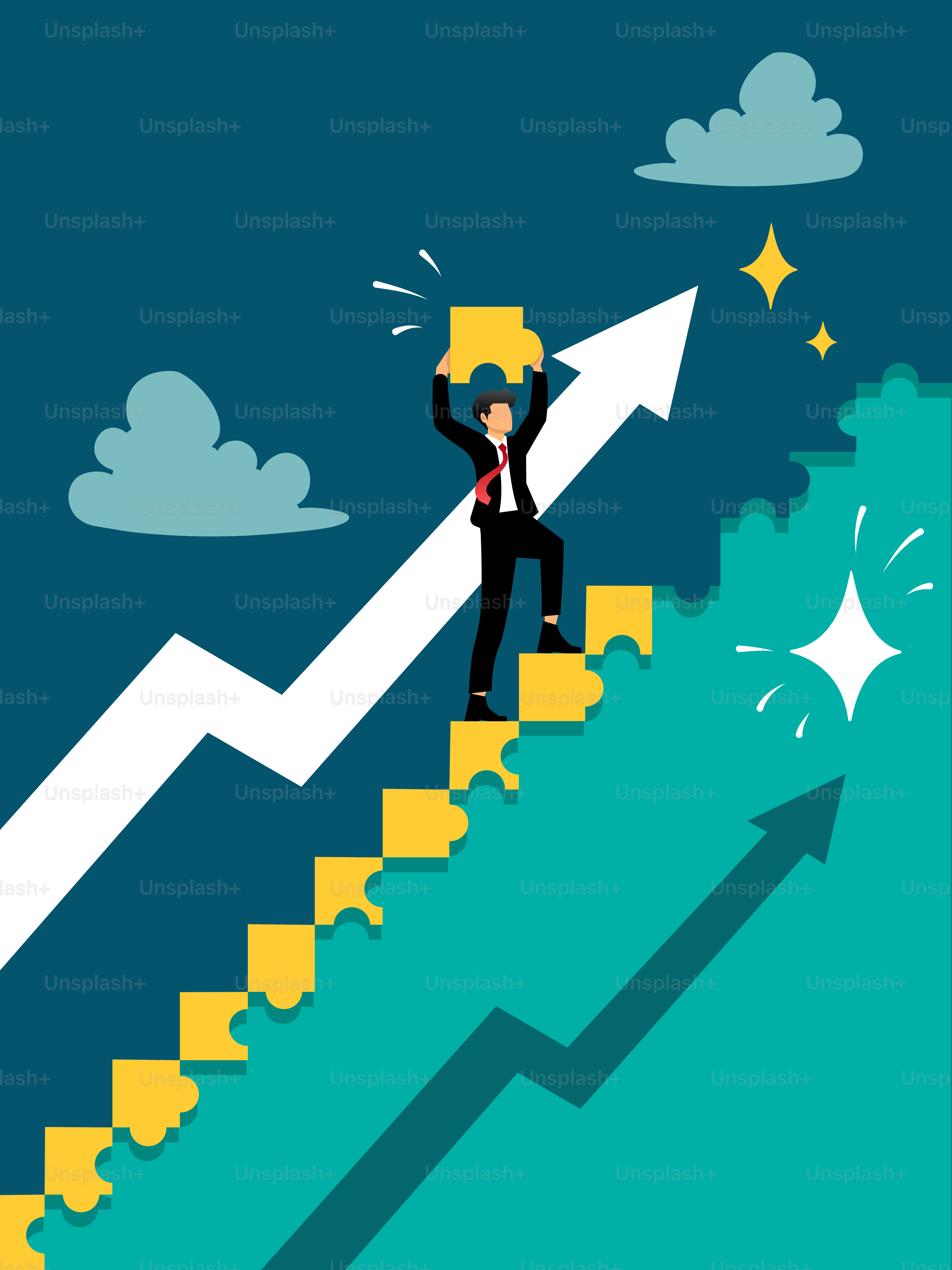 A man standing on a stair leading up to an upward arrow