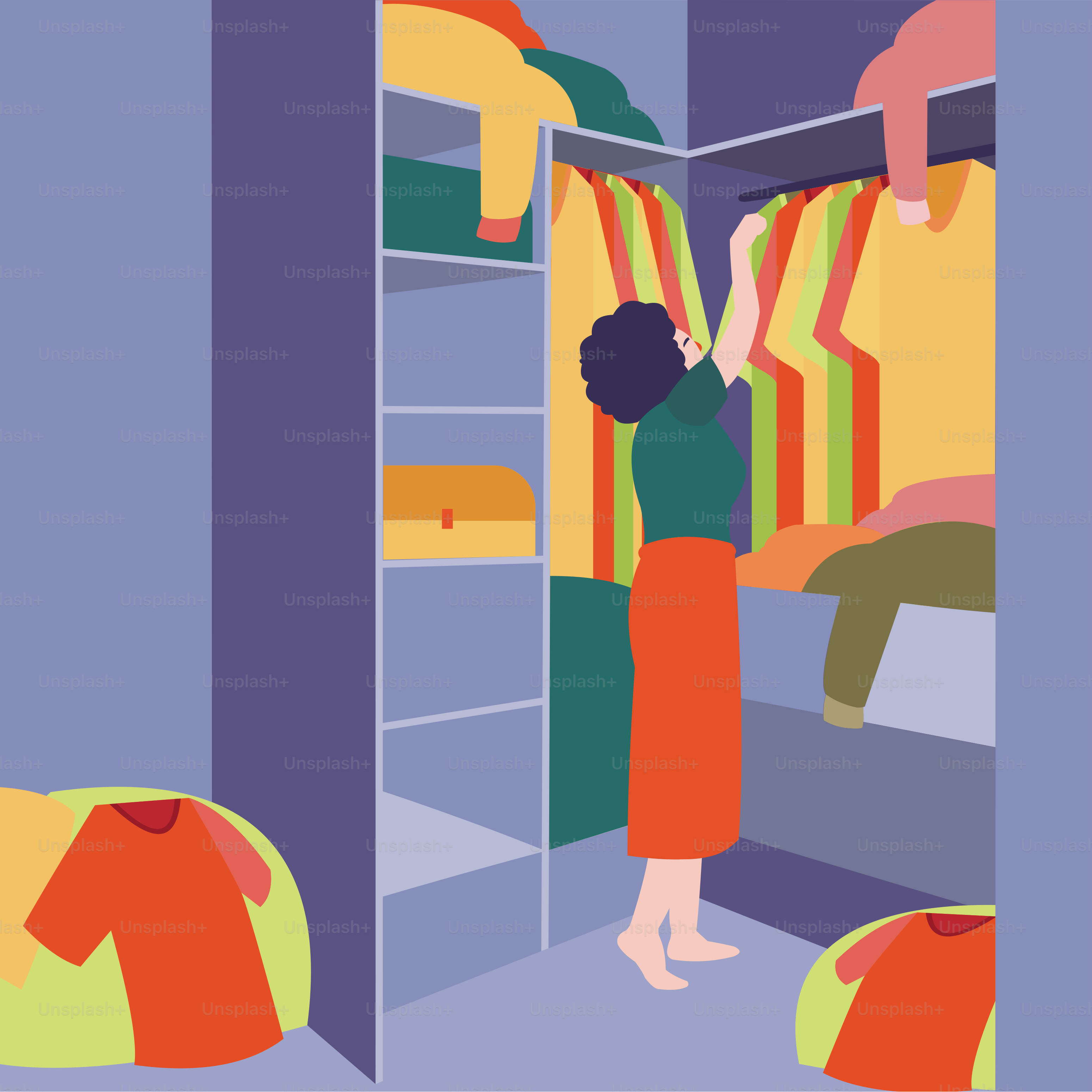 A woman standing in front of a closet filled with clothes