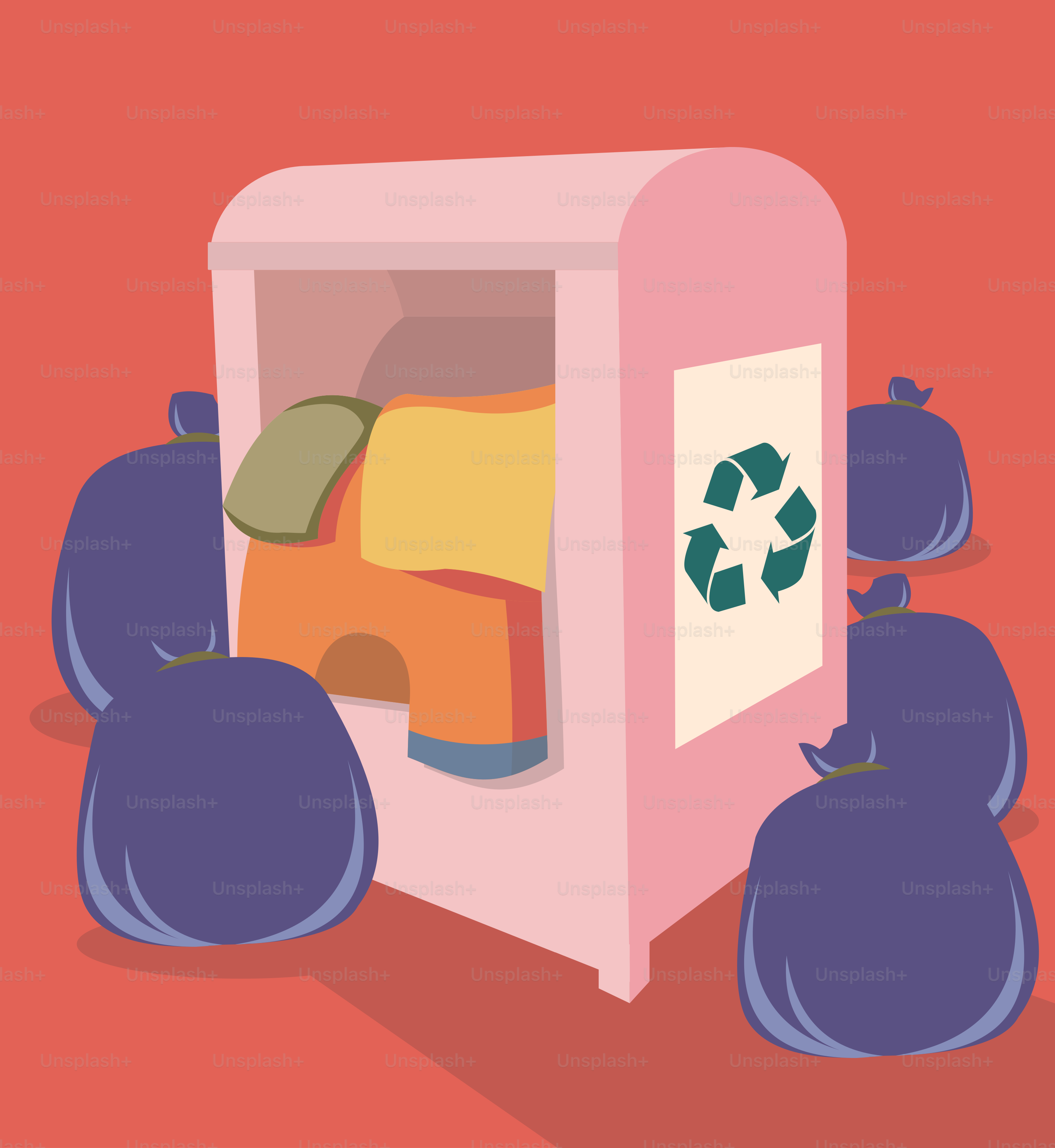 Eine Illustration eines Mülleimers mit Müllsäcken drumherum