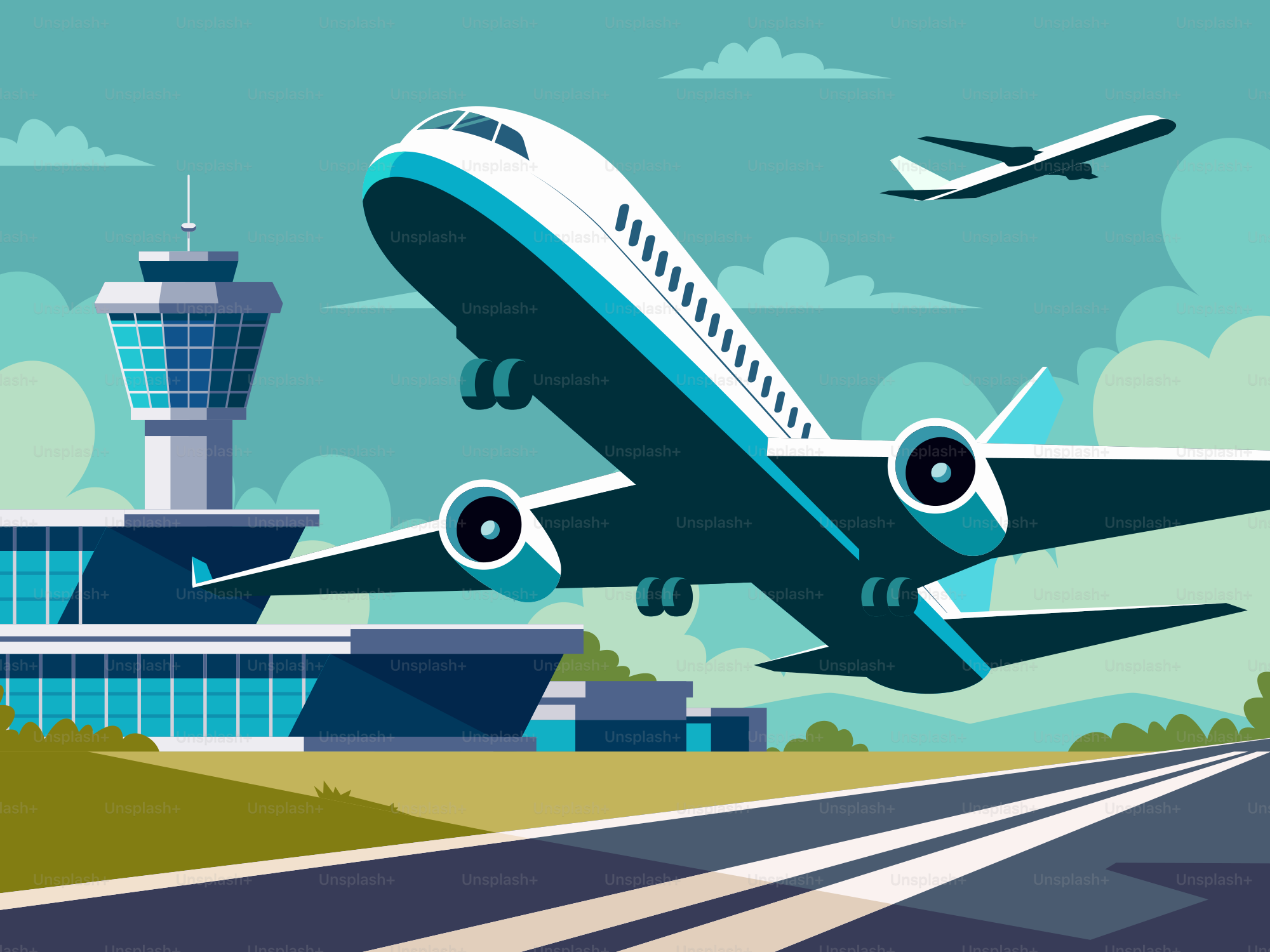 An airplane taking off from an airport runway