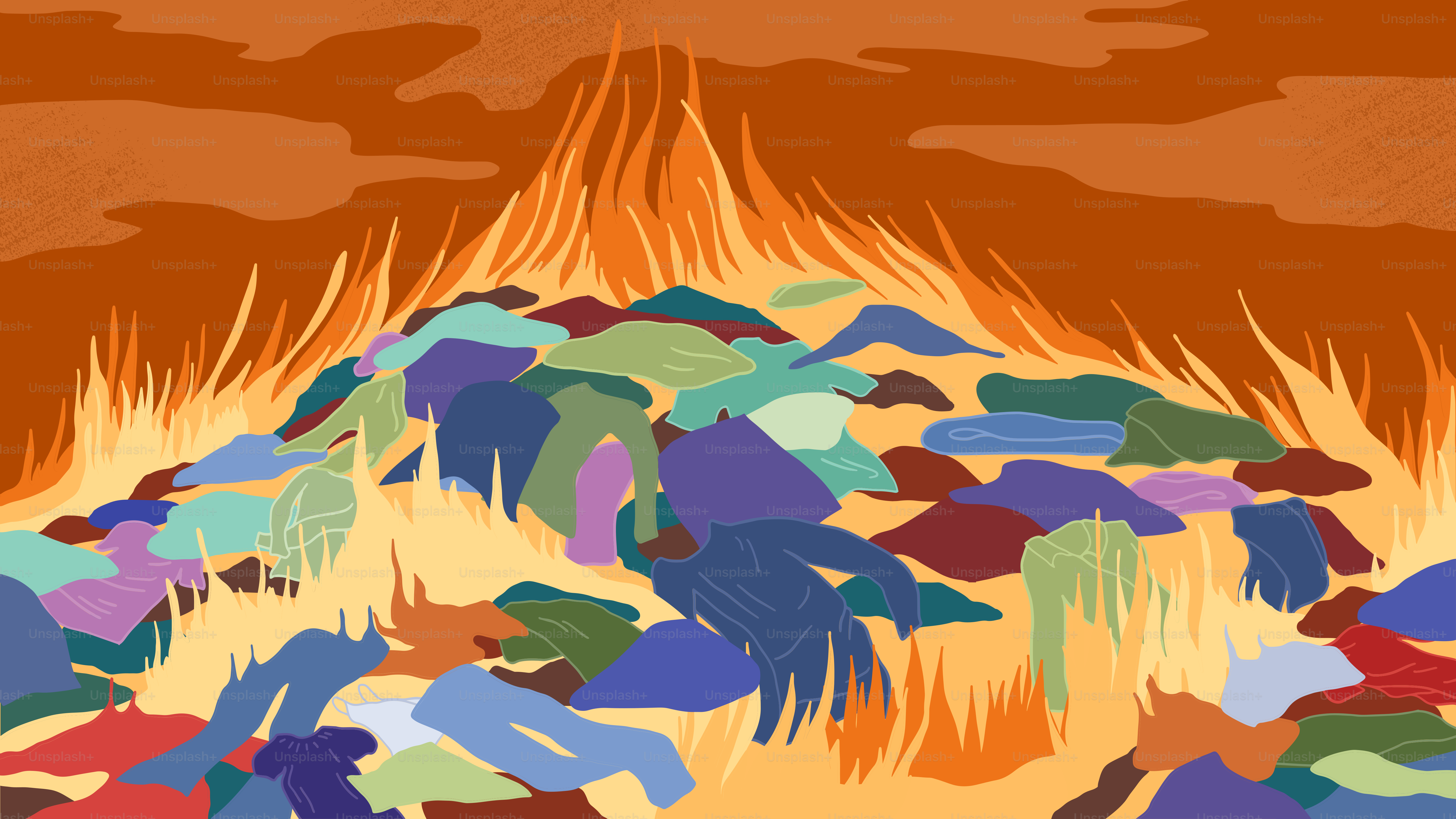 Uma pintura de uma montanha com um céu ao fundo