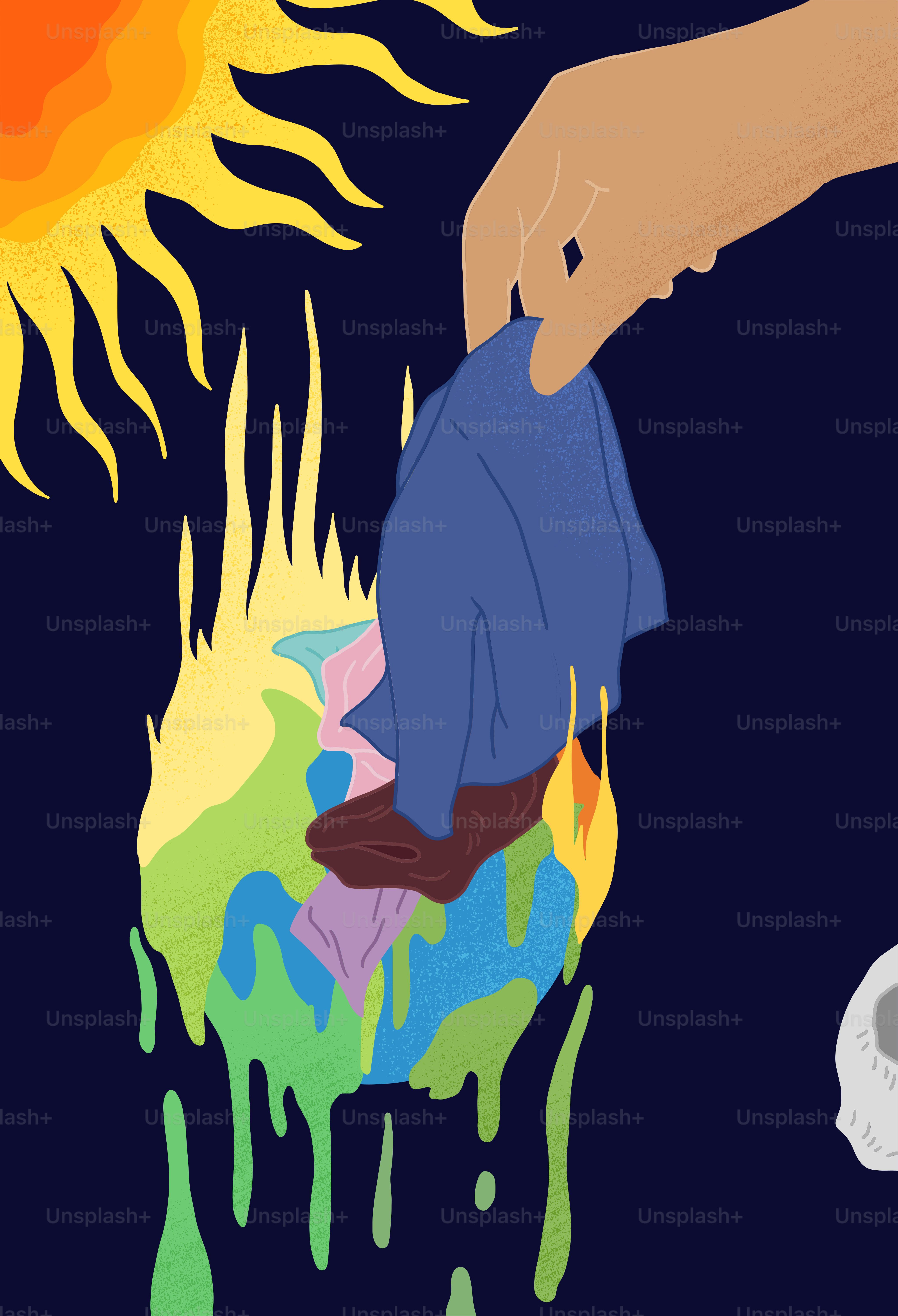 A painting of a person holding a piece of clothing in front of a sun