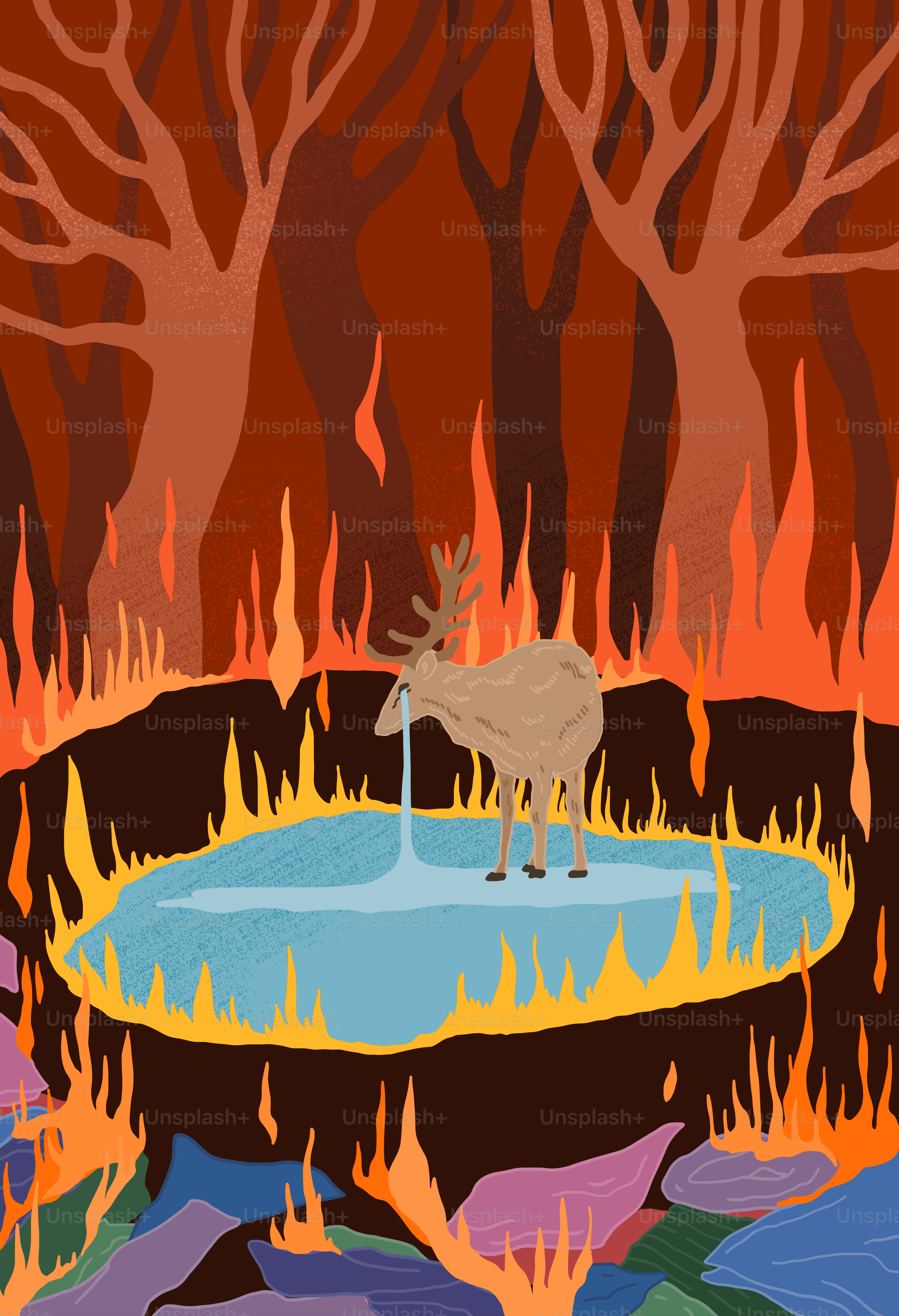 A painting of a moose standing in front of a fire