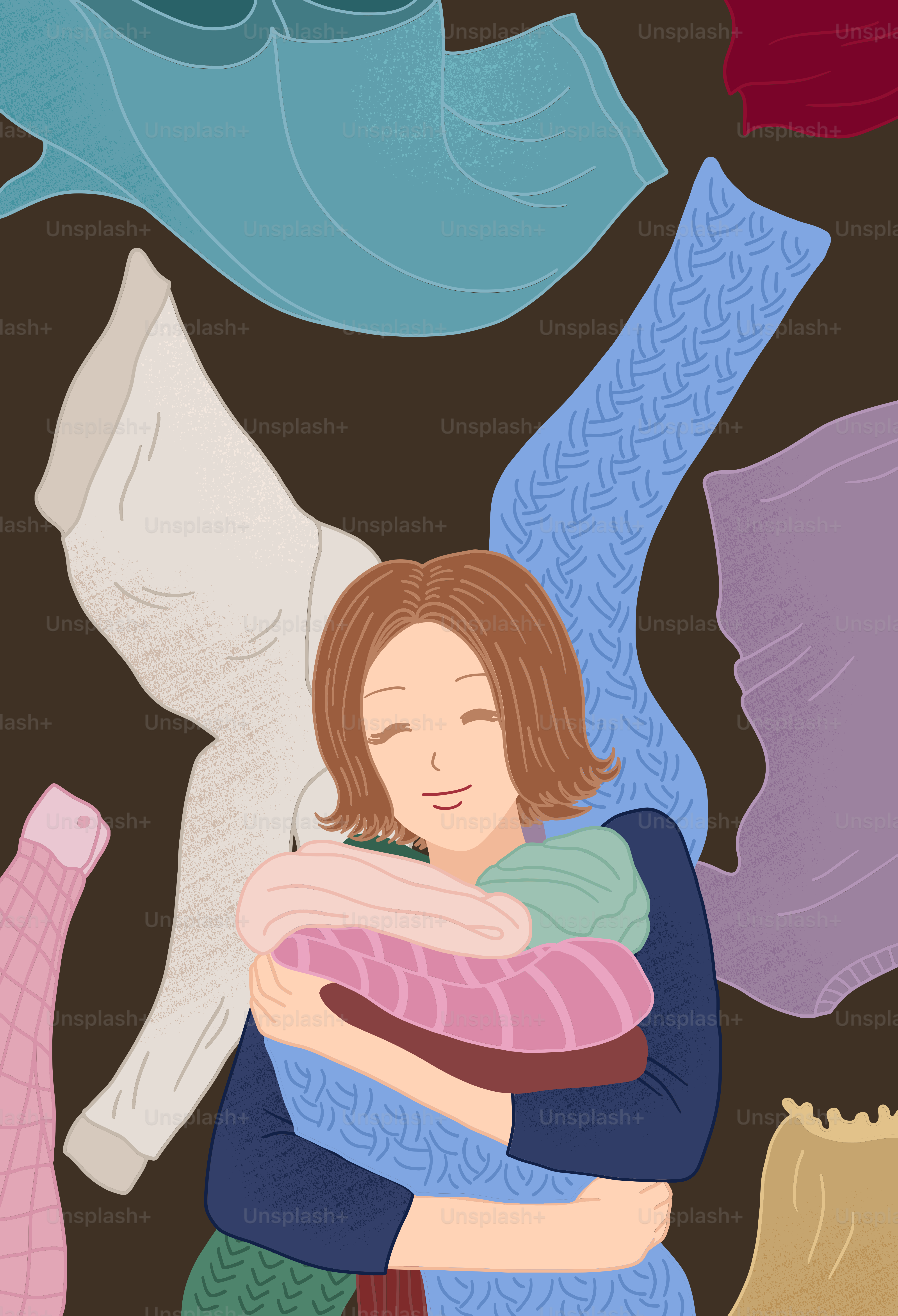 A woman holding a baby in a pile of clothes