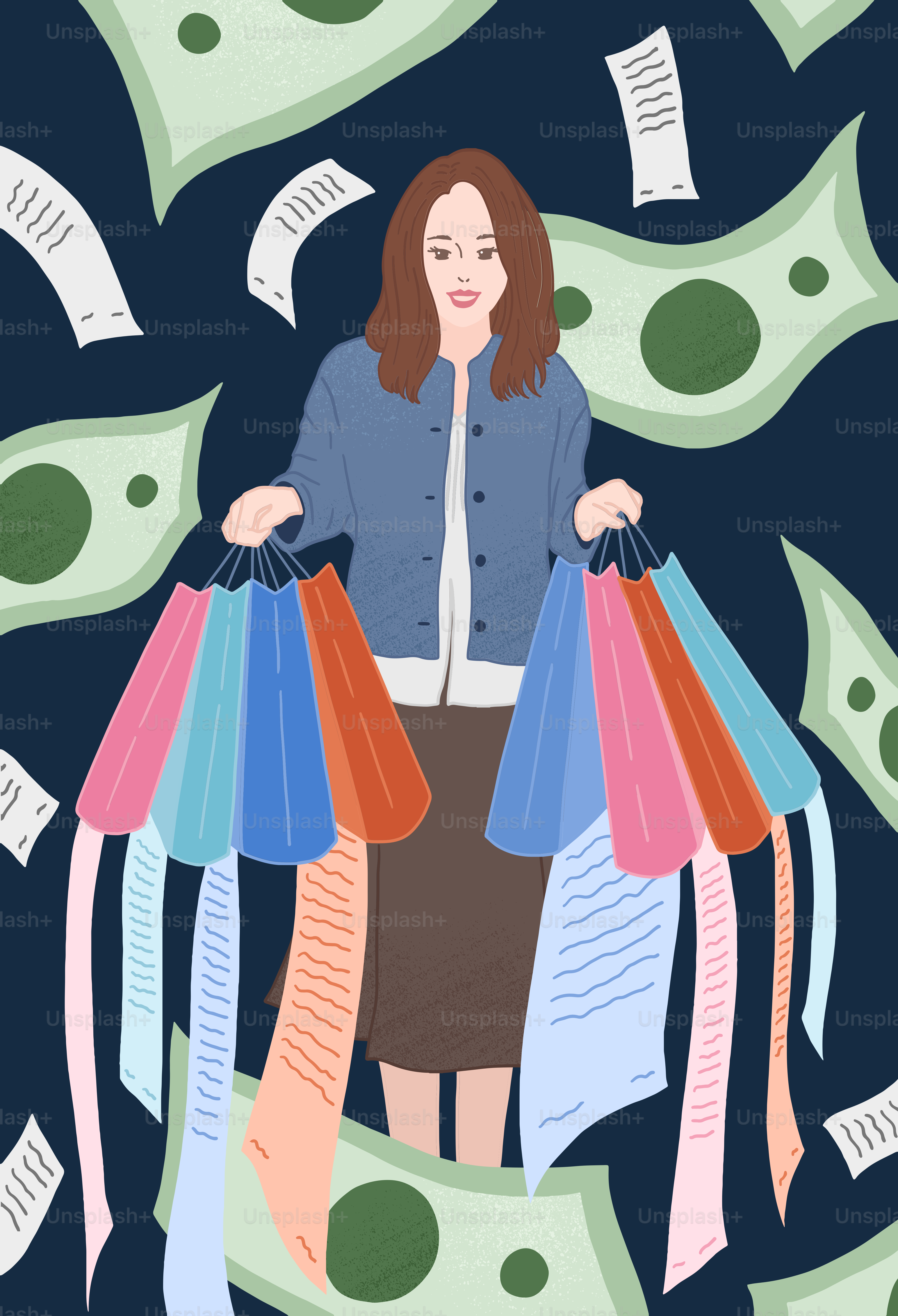 A woman standing in front of a lot of money