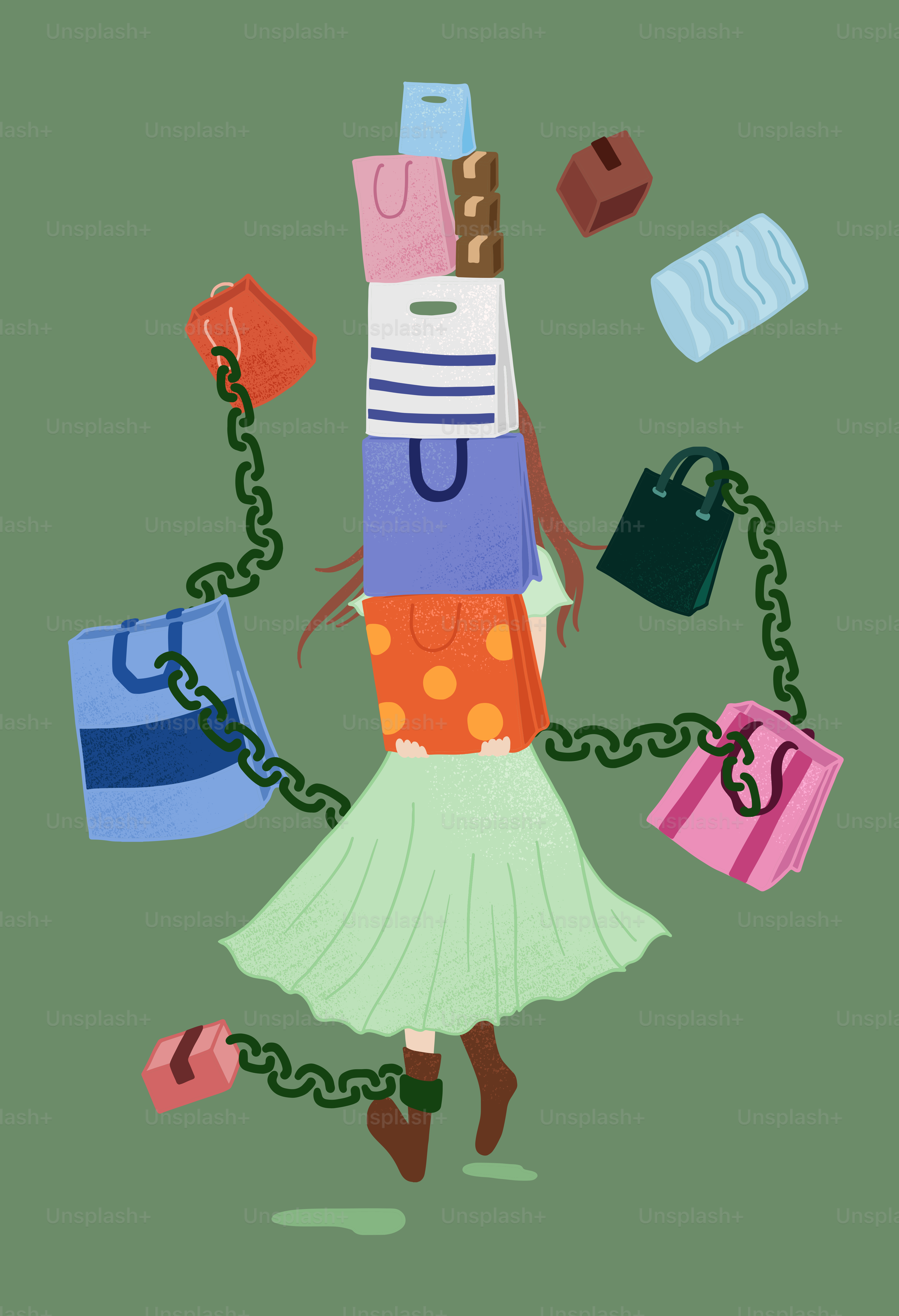 A woman in a dress is chained to a chain