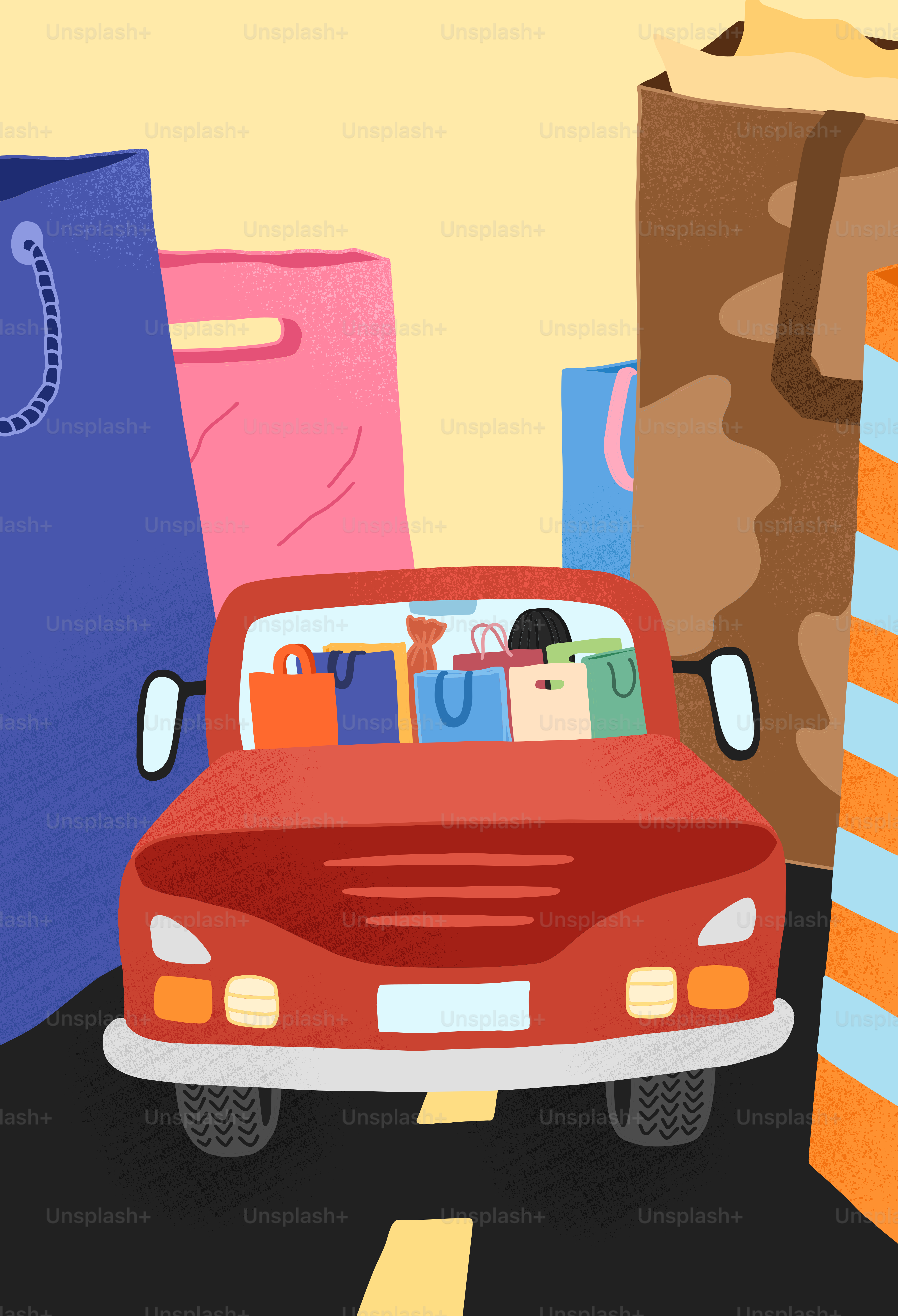 A red car driving down a street next to tall buildings