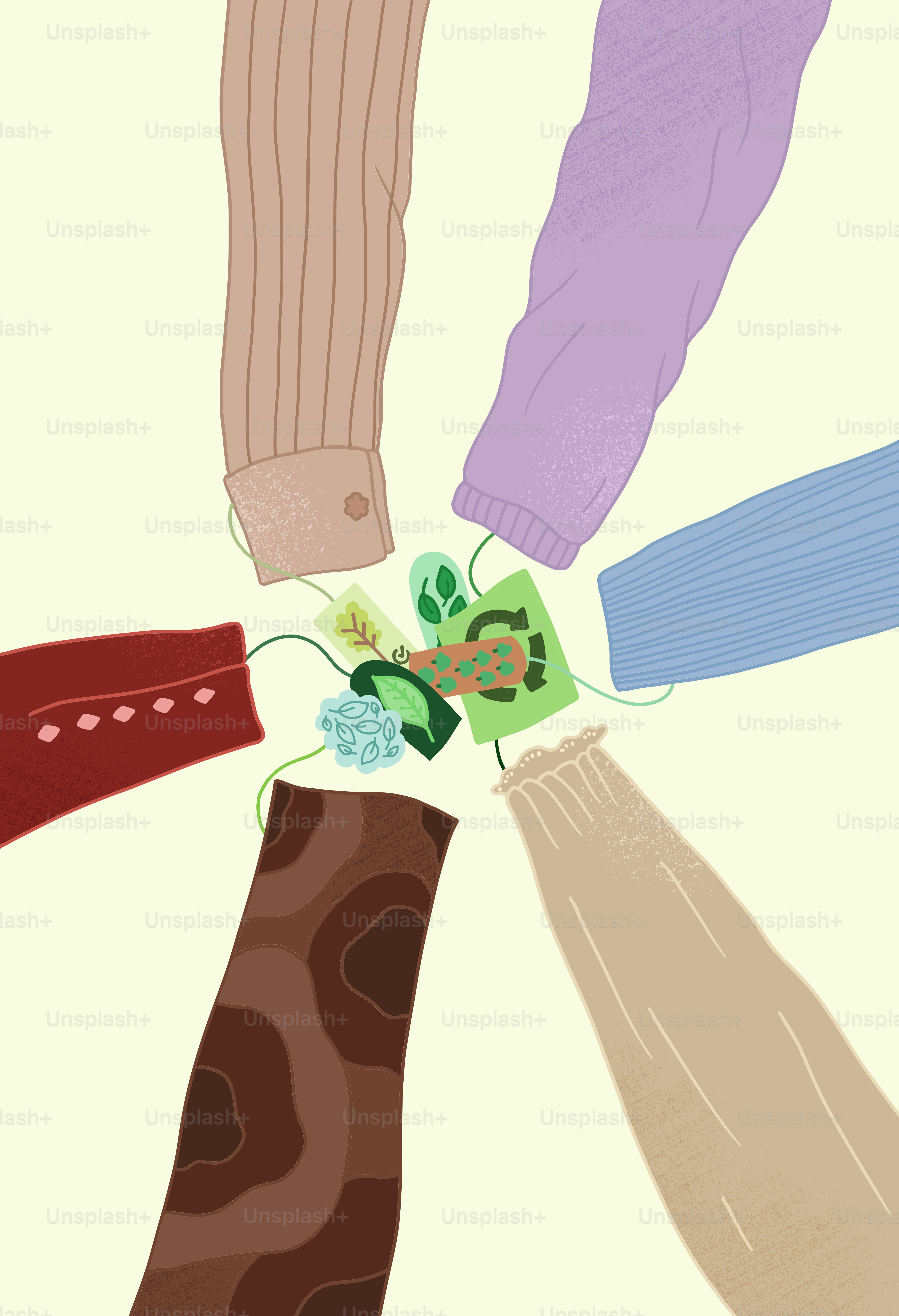 A drawing of a group of people's hands holding each other