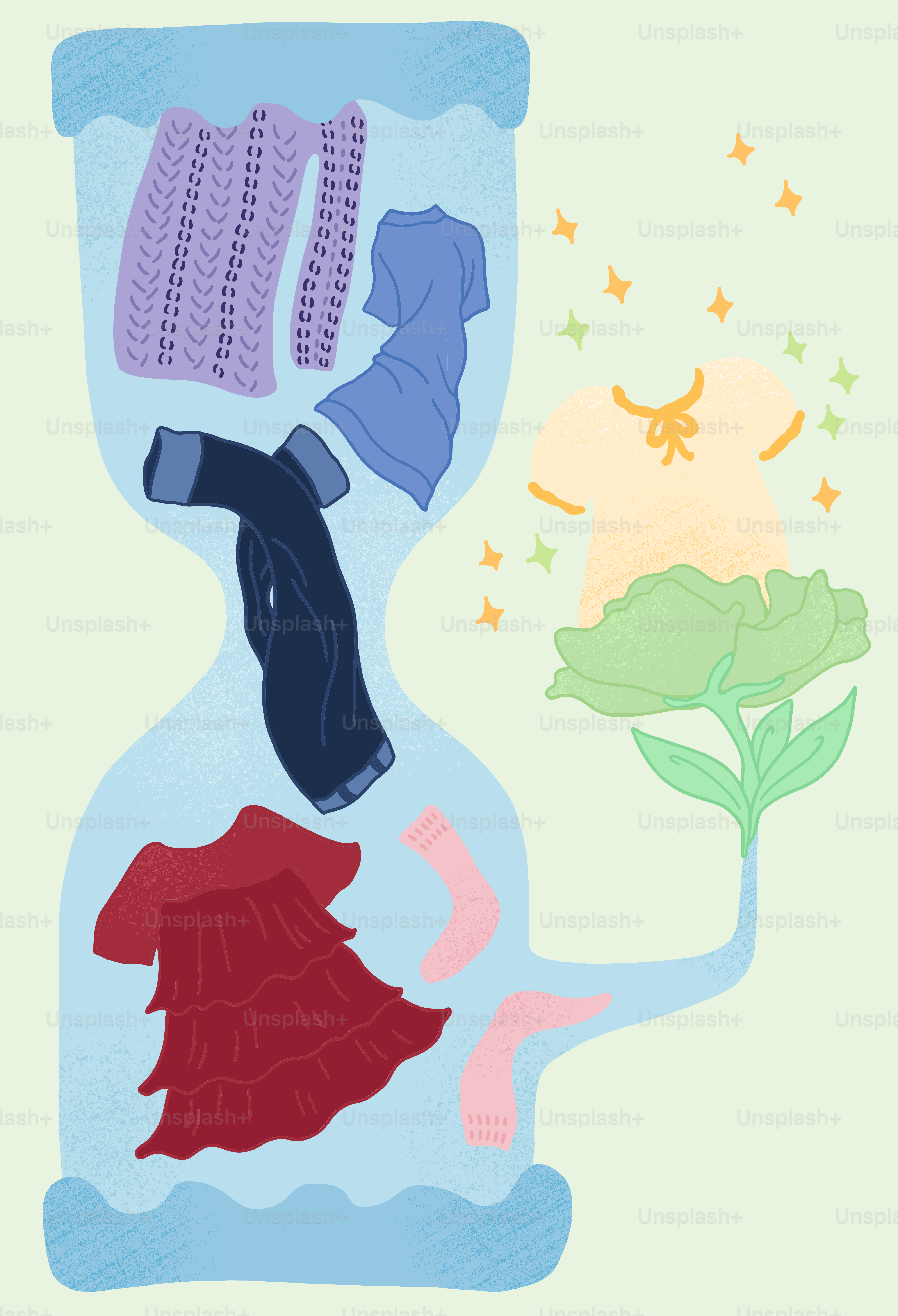 A drawing of a vase with clothes and a flower in it