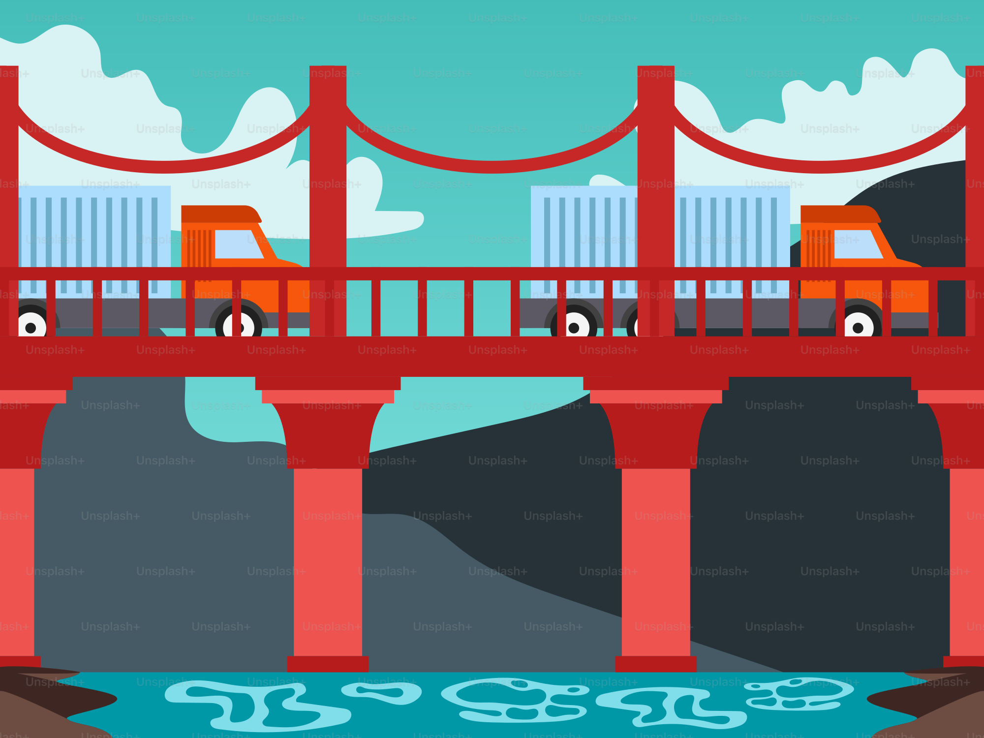 A red bridge over a body of water