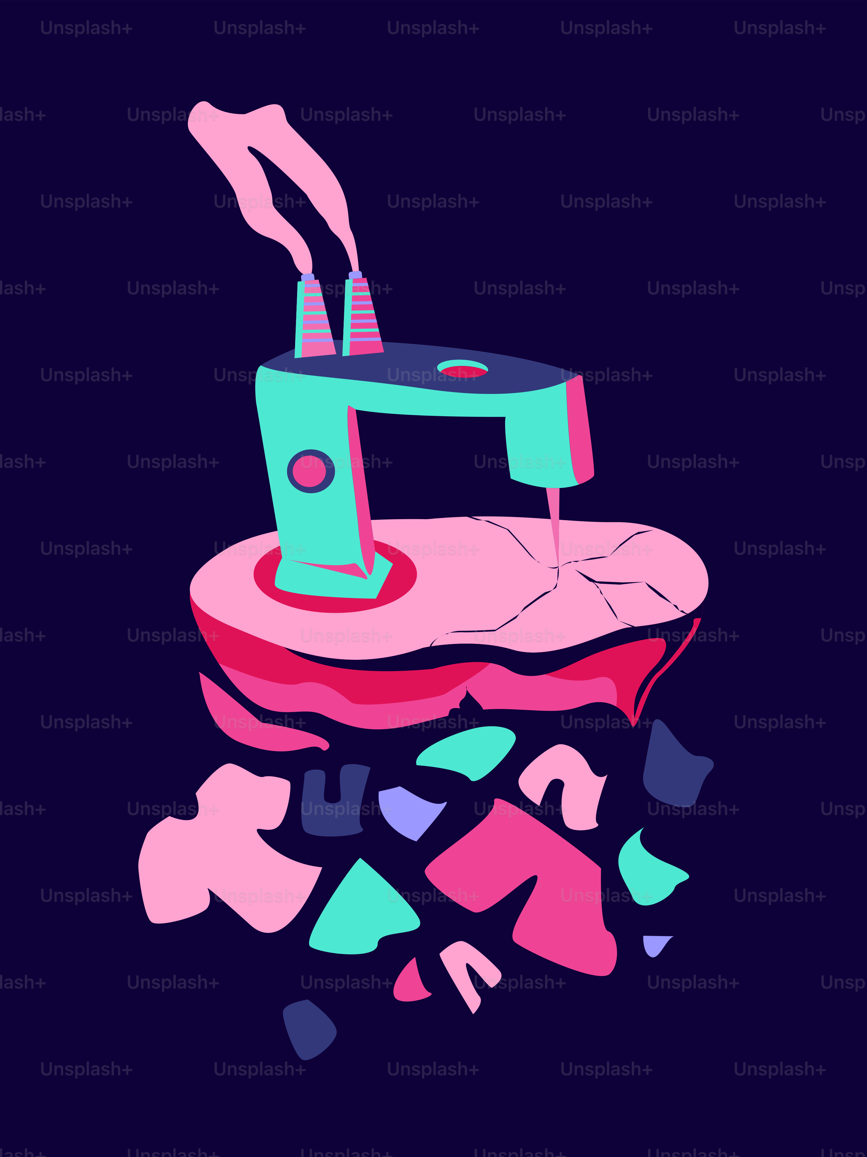 A pink and blue sewing machine on a black background