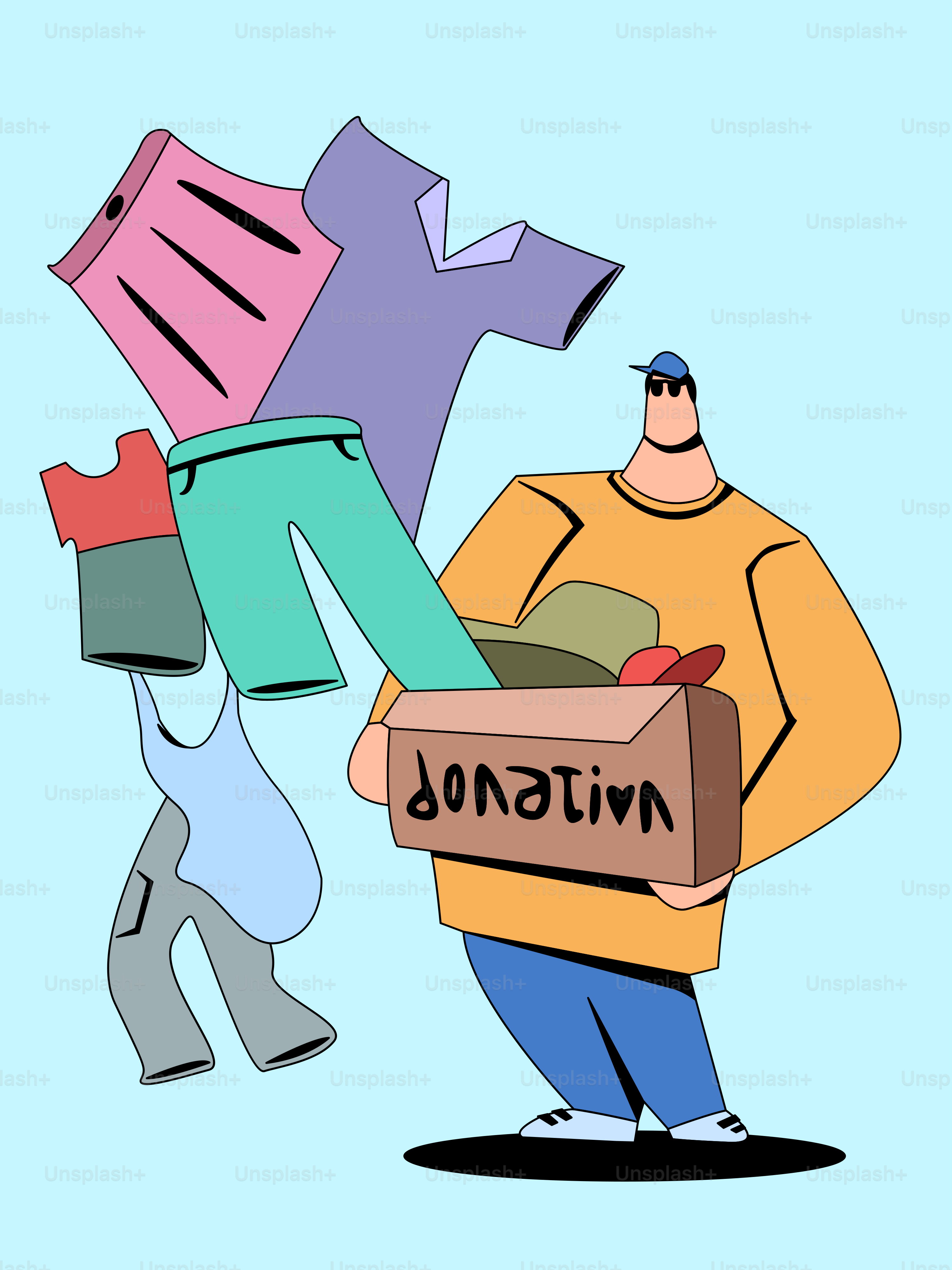 A man carrying a box with clothes on it