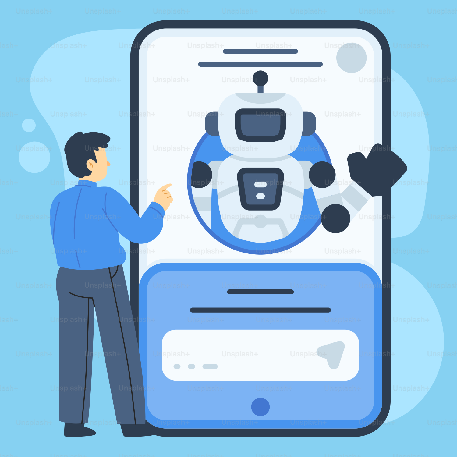 Um homem parado ao lado de um telefone com um robô