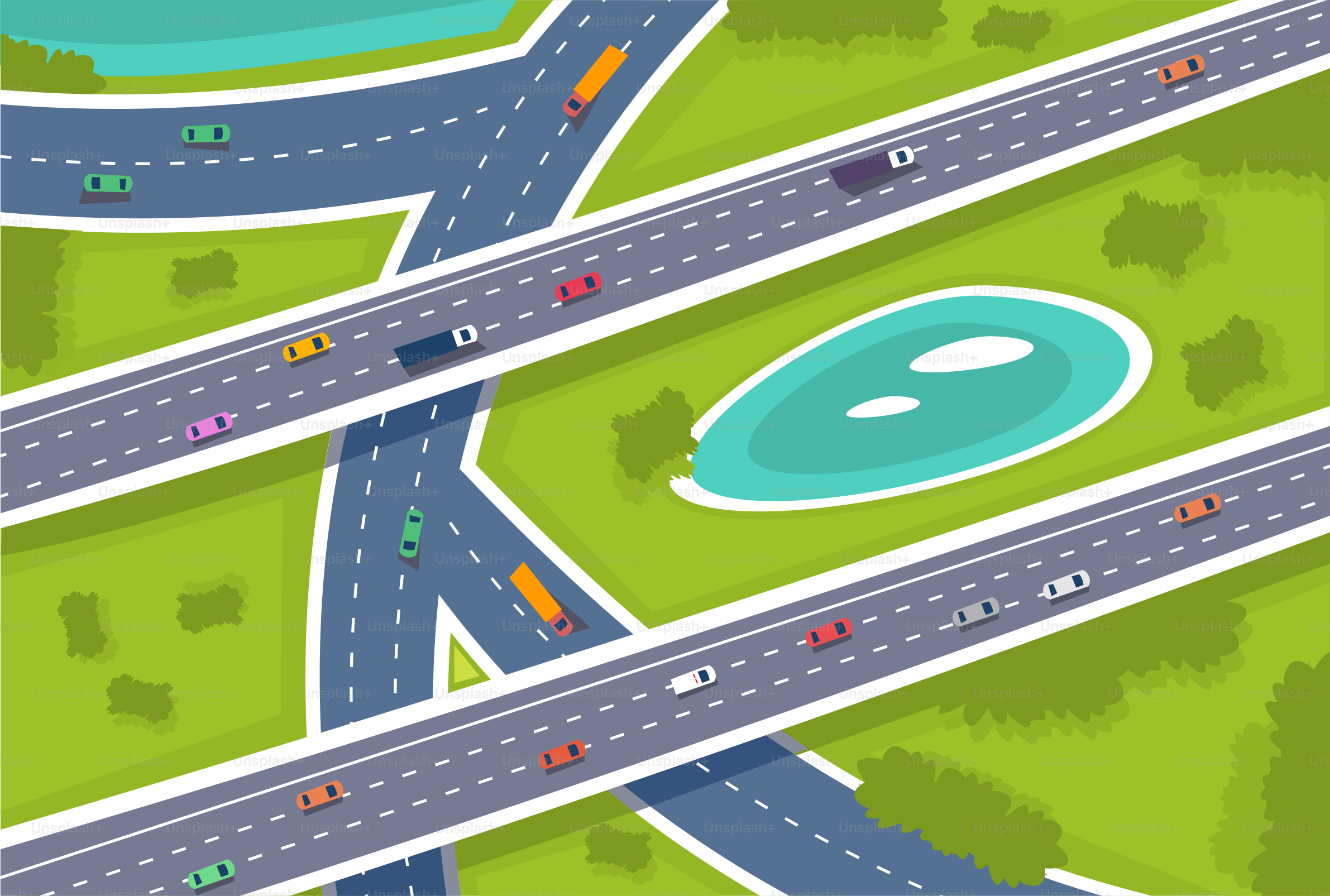 A map of a highway with cars and trucks on it