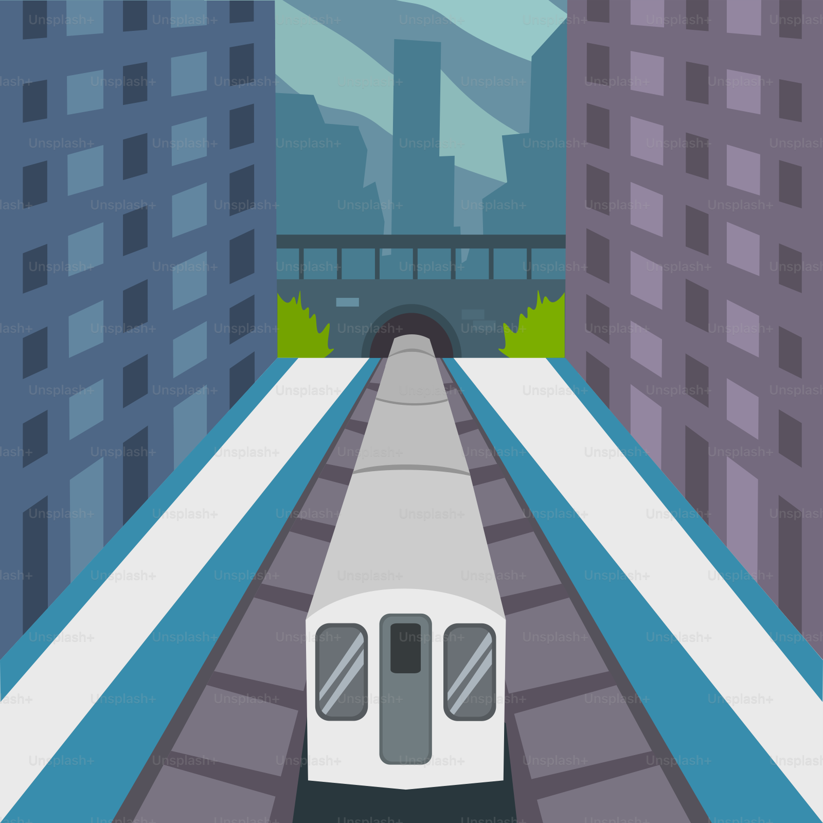 A train traveling through a city next to tall buildings