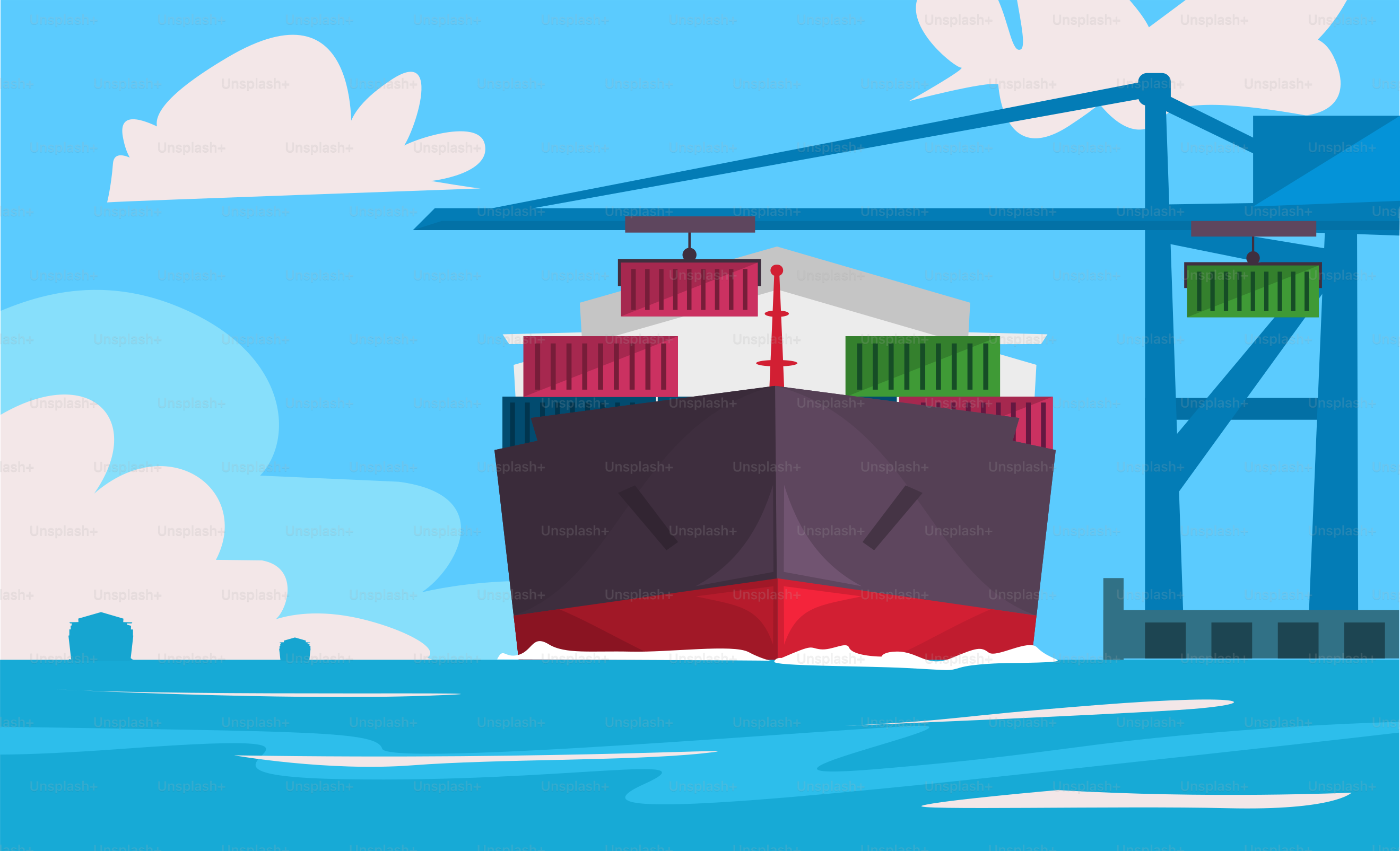 A large cargo ship in the ocean with a crane in the background