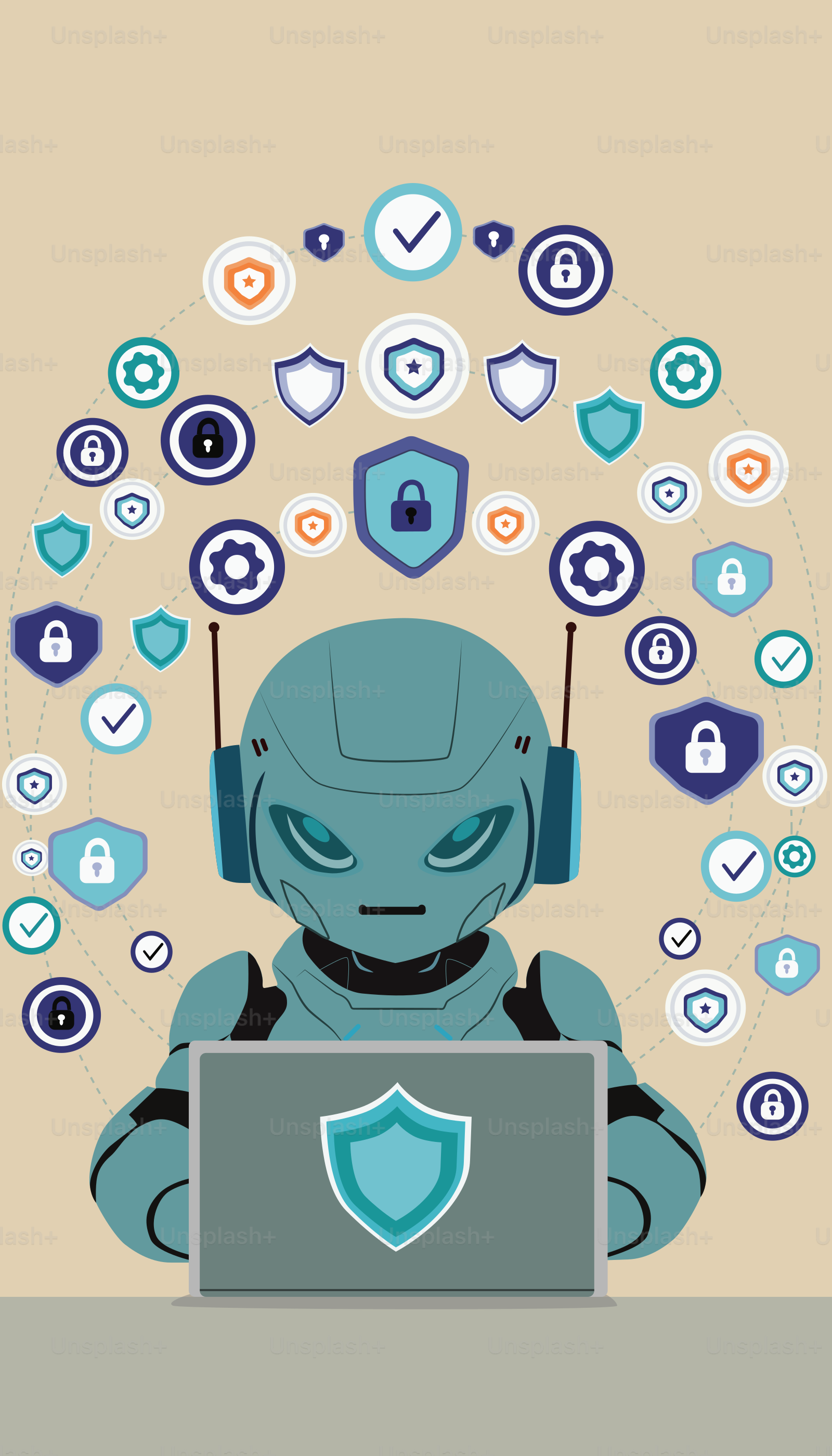 A robot with headphones sitting in front of a laptop