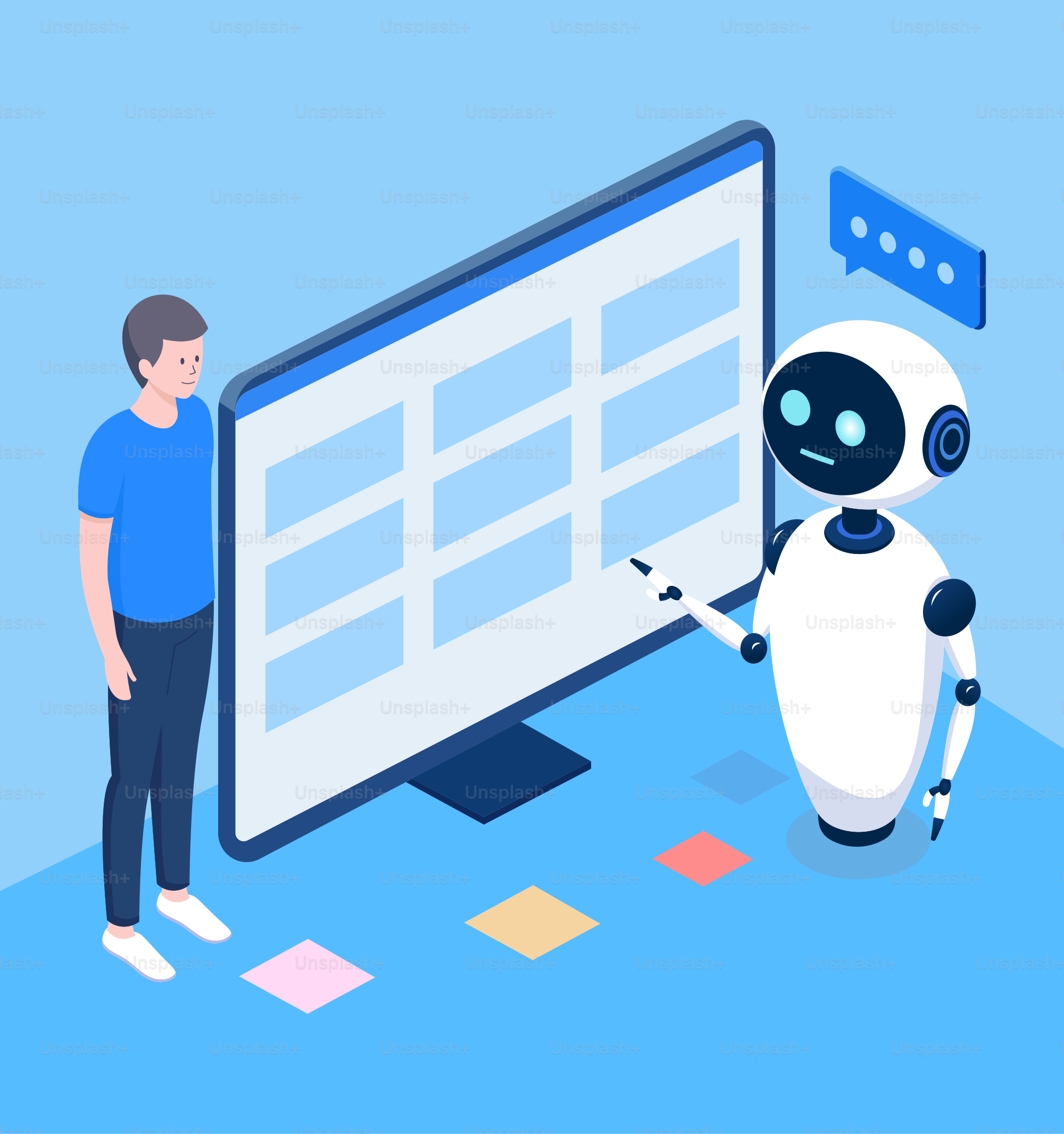 Ein Mann, der neben einem Roboter neben einem Computerbildschirm steht