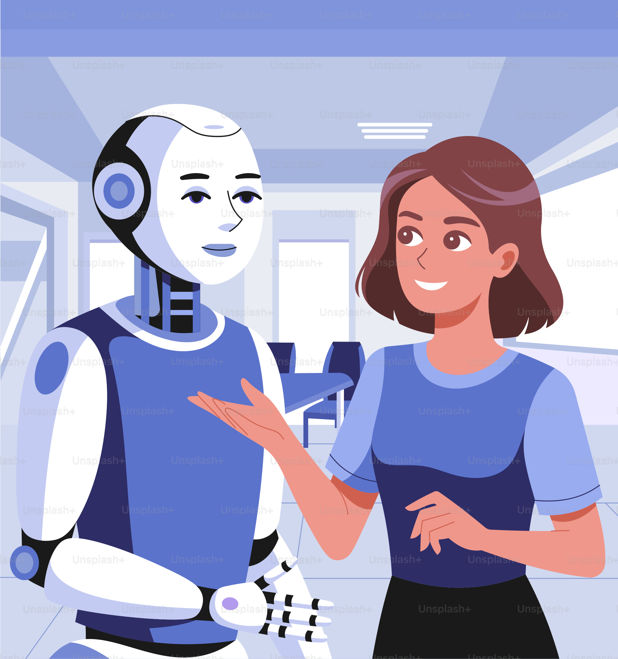 A woman standing next to a robot in a room